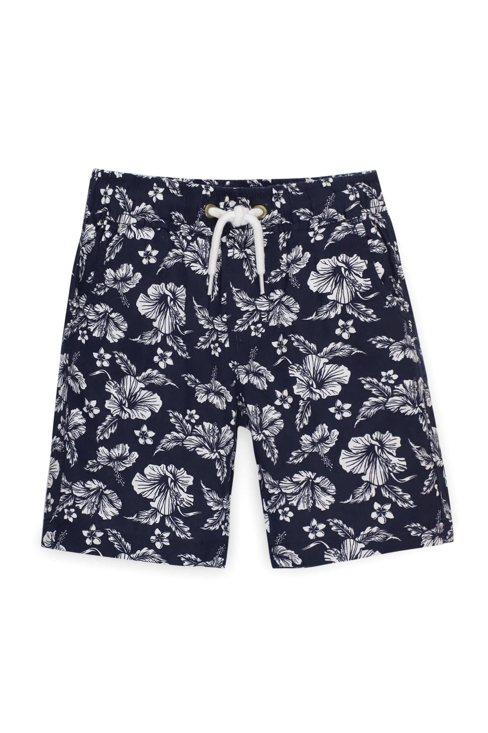 Relaxed Linen Pull-On Shorts for Baby Boys, Navy Hibiscus