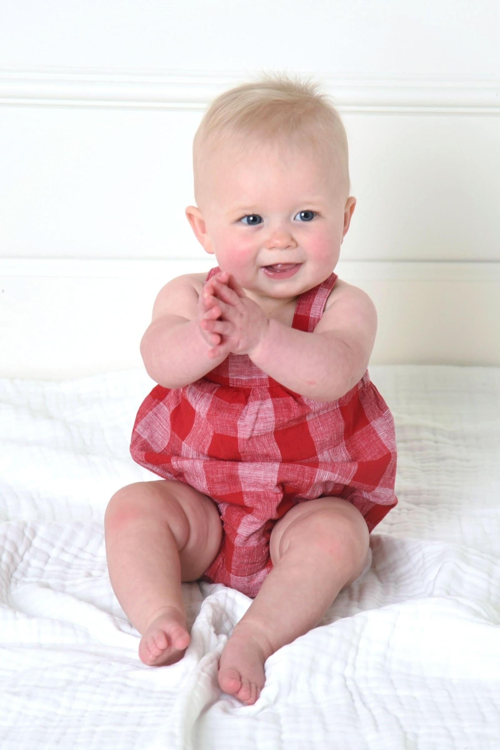 Organic Cotton Seersucker Bubble Romper, Red Pencil Check, Baby