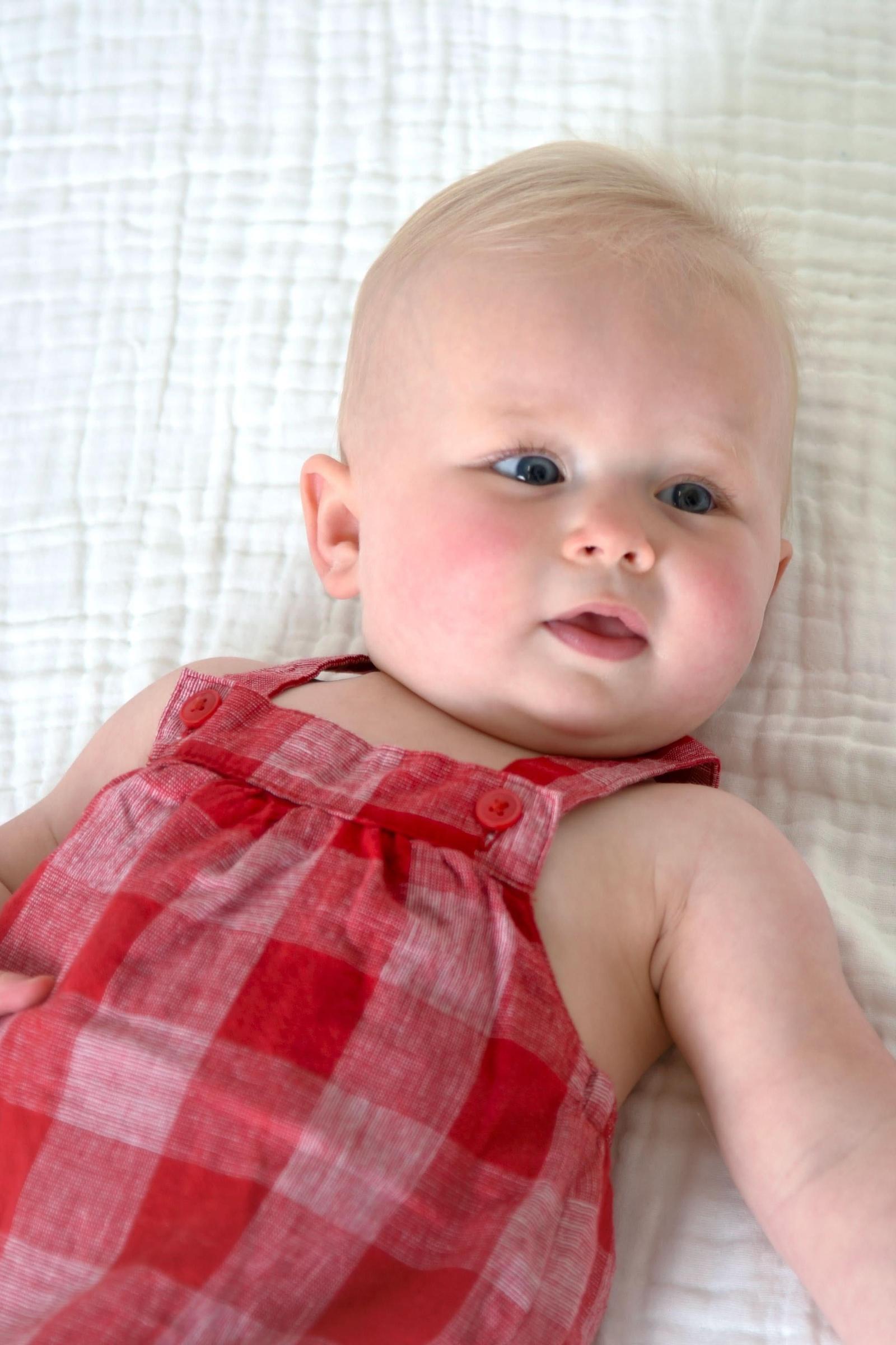 Organic Cotton Seersucker Bubble Romper, Red Pencil Check, Baby