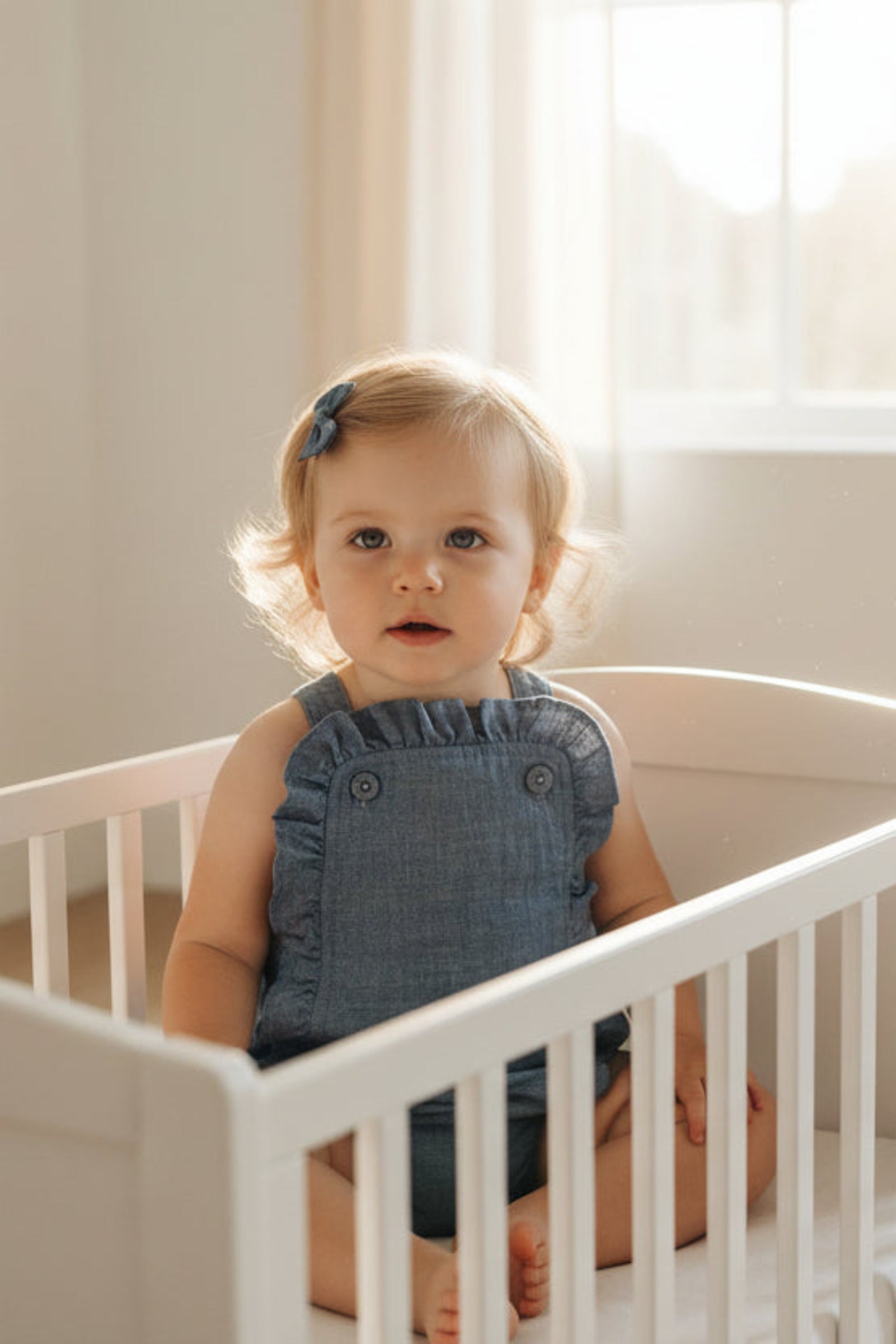 Organic Cotton Ruffle Sunsuit for Girls, Blue Chambray Solid, Baby