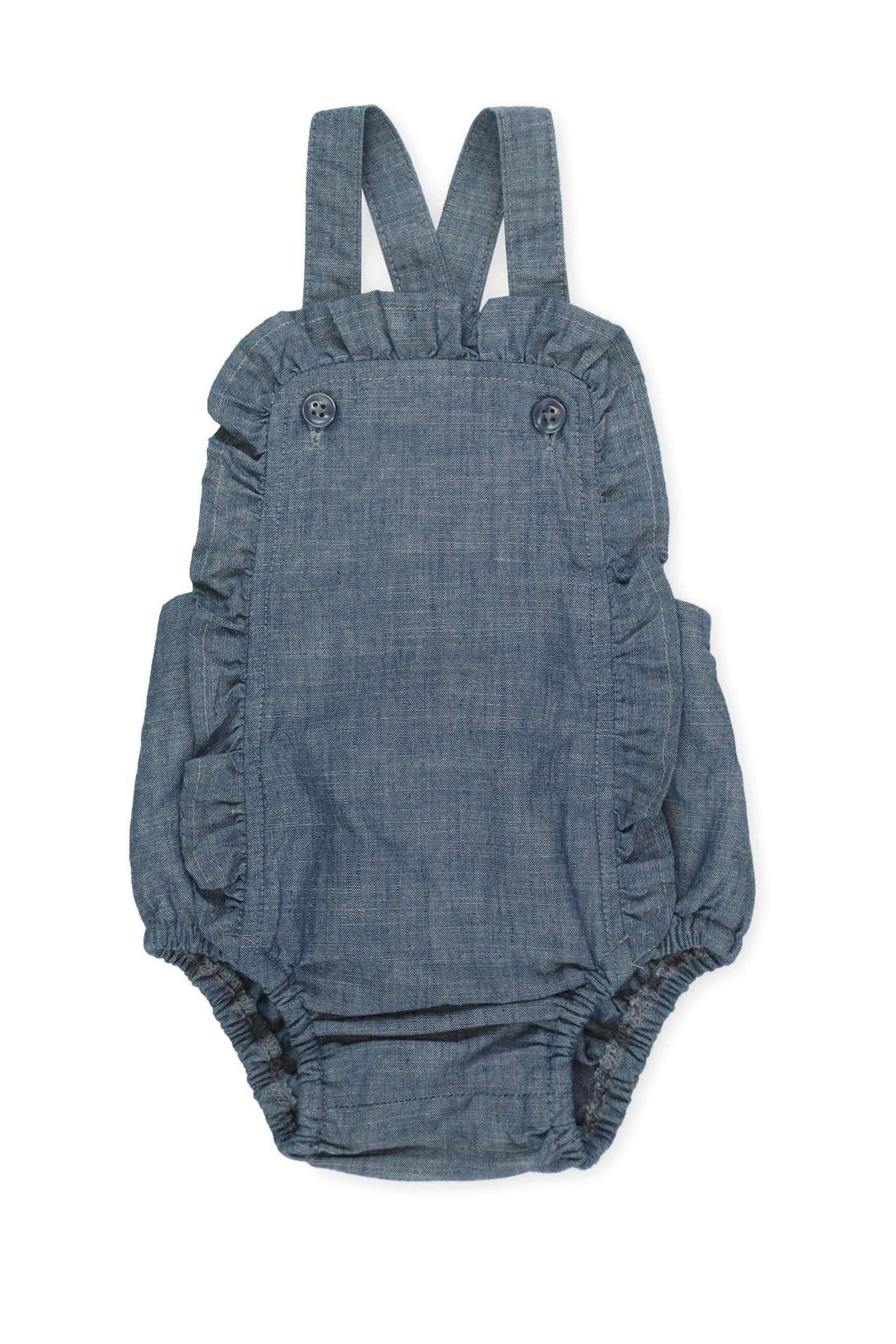 Organic Cotton Ruffle Sunsuit for Girls, Blue Chambray Solid, Baby