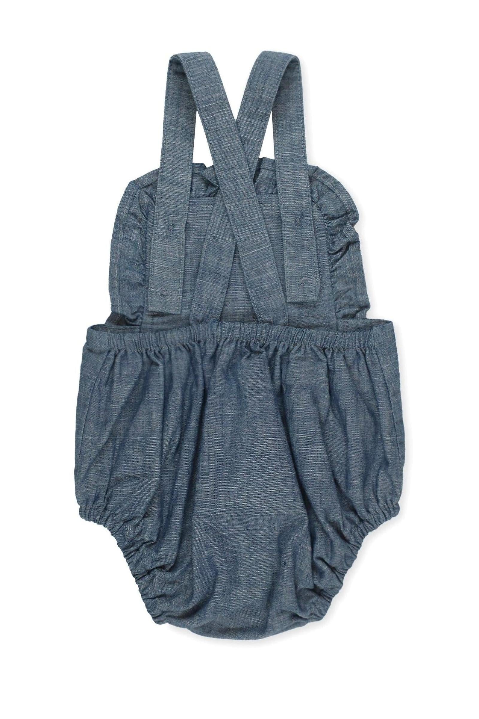 Organic Cotton Ruffle Sunsuit for Girls, Blue Chambray Solid, Baby
