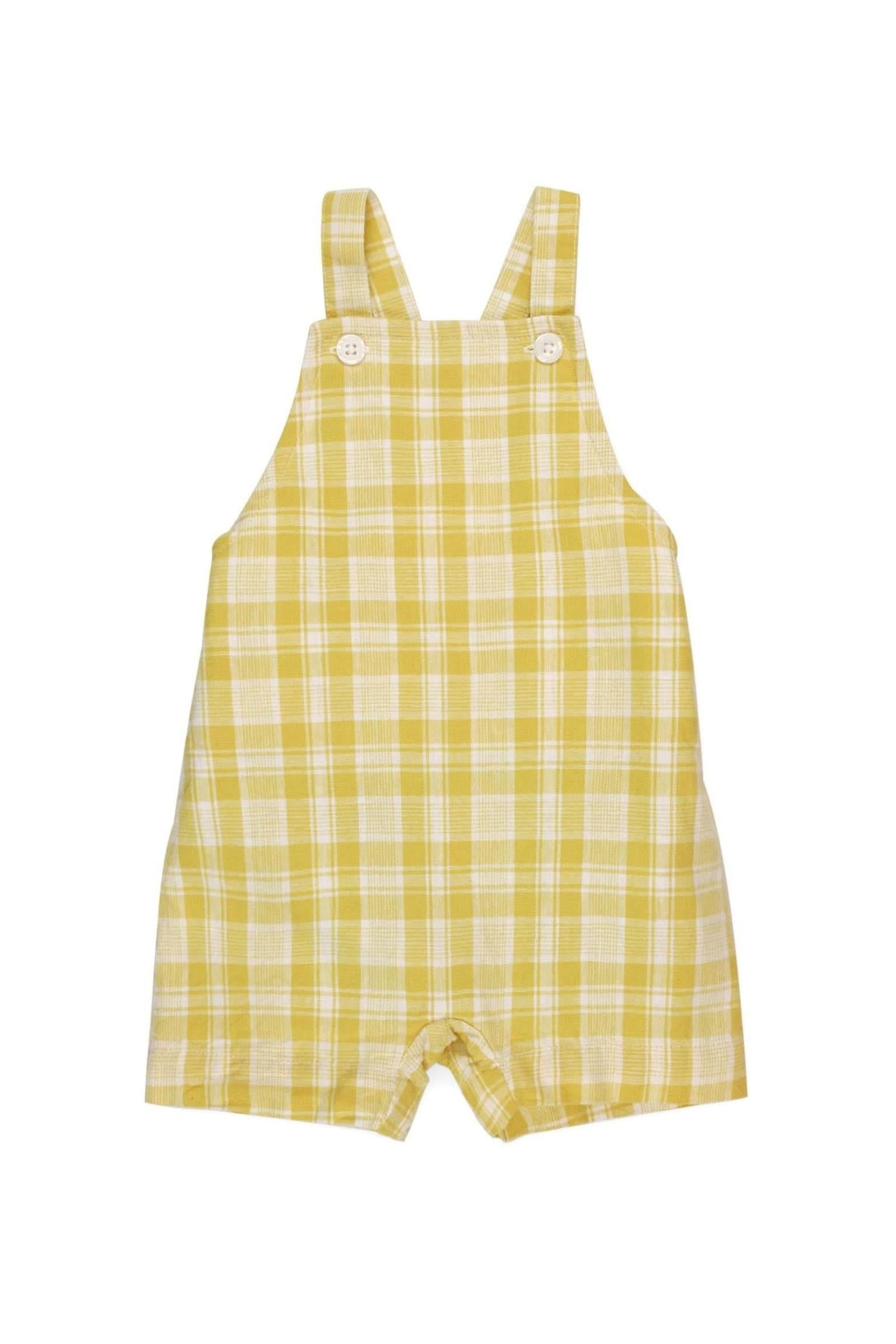 Linen & Organic Cotton Shortie Overall Romper, Yellow Plaid Linen, Baby