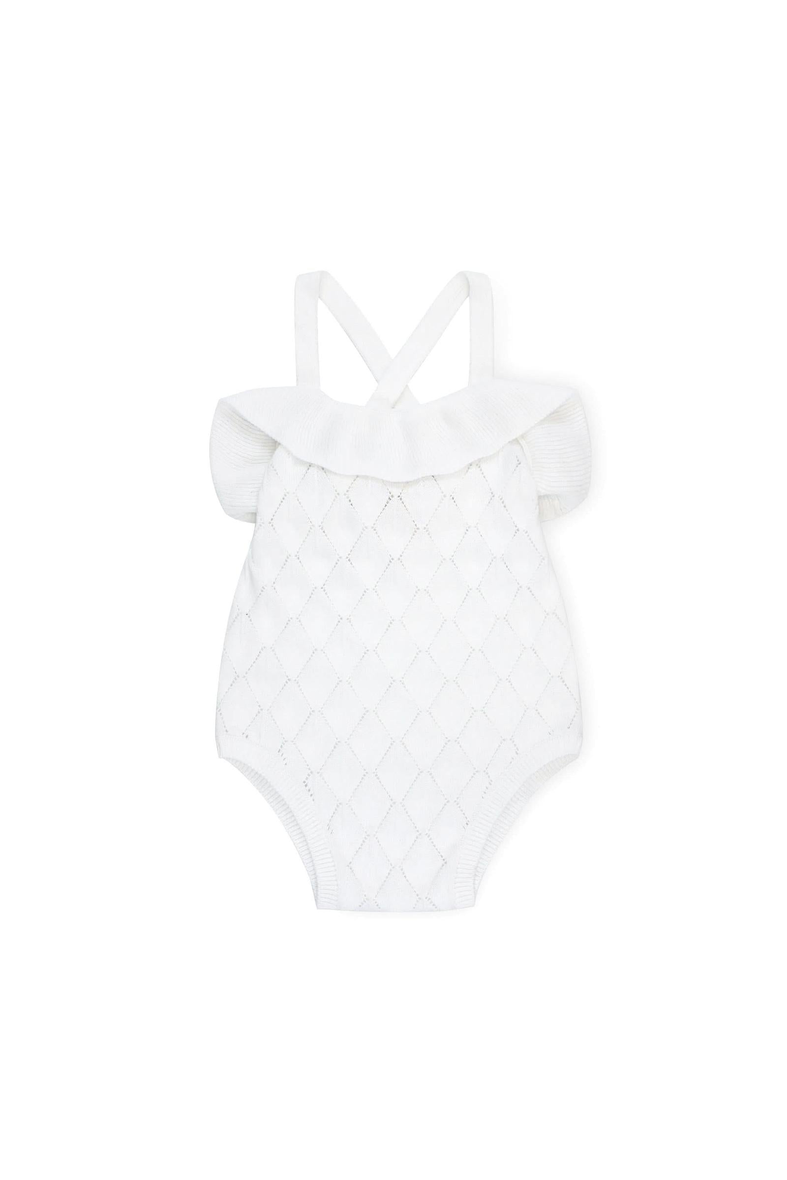 Organic Cotton Ruffle Sweater Romper for Baby Girls, White