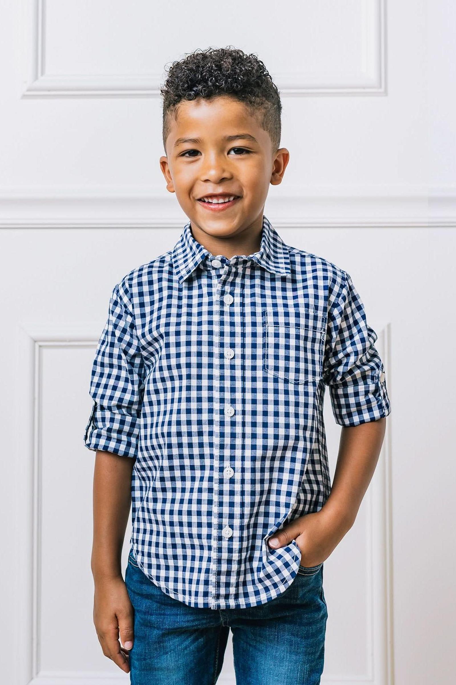 Organic Cotton Stretch Poplin Roll-Up Shirt, Navy Gingham, 5-18, Family Matching Outfits