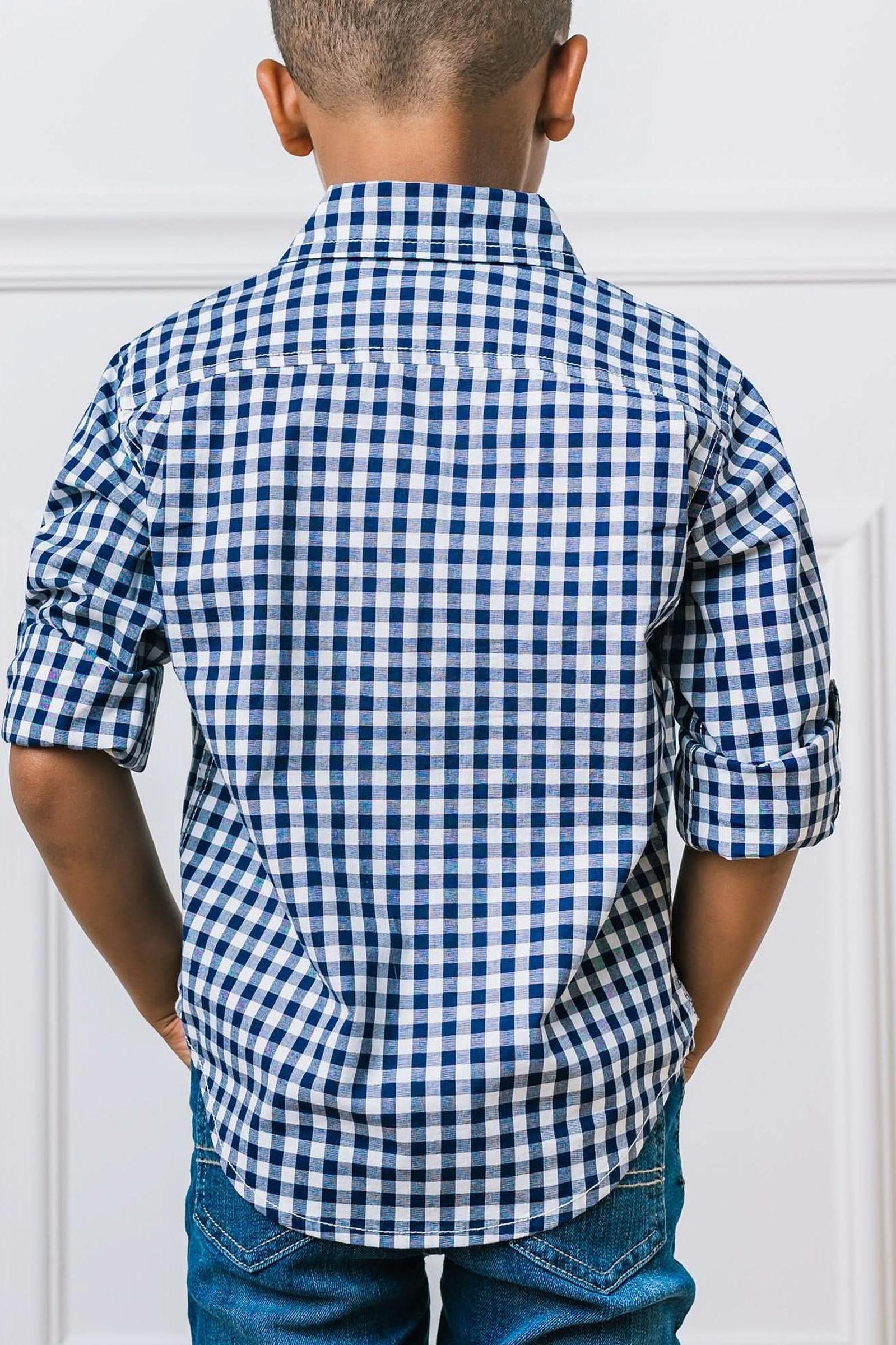 Organic Cotton Stretch Poplin Roll-Up Shirt for Babies, Navy Gingham, Family Matching Outfits