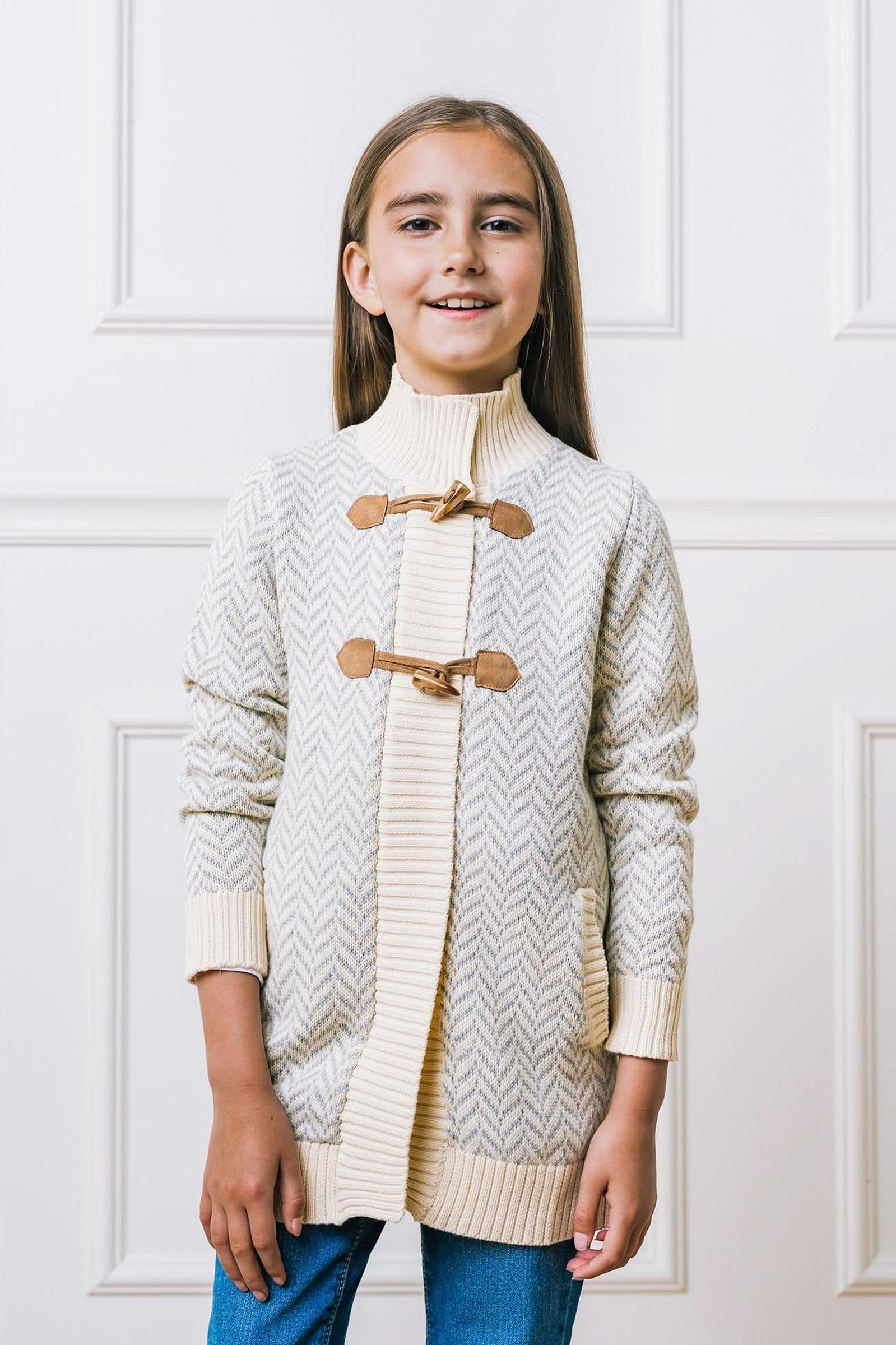 Organic Cotton Toggle Sweater with Zipper for Girls, Gray, Toddler & Kids