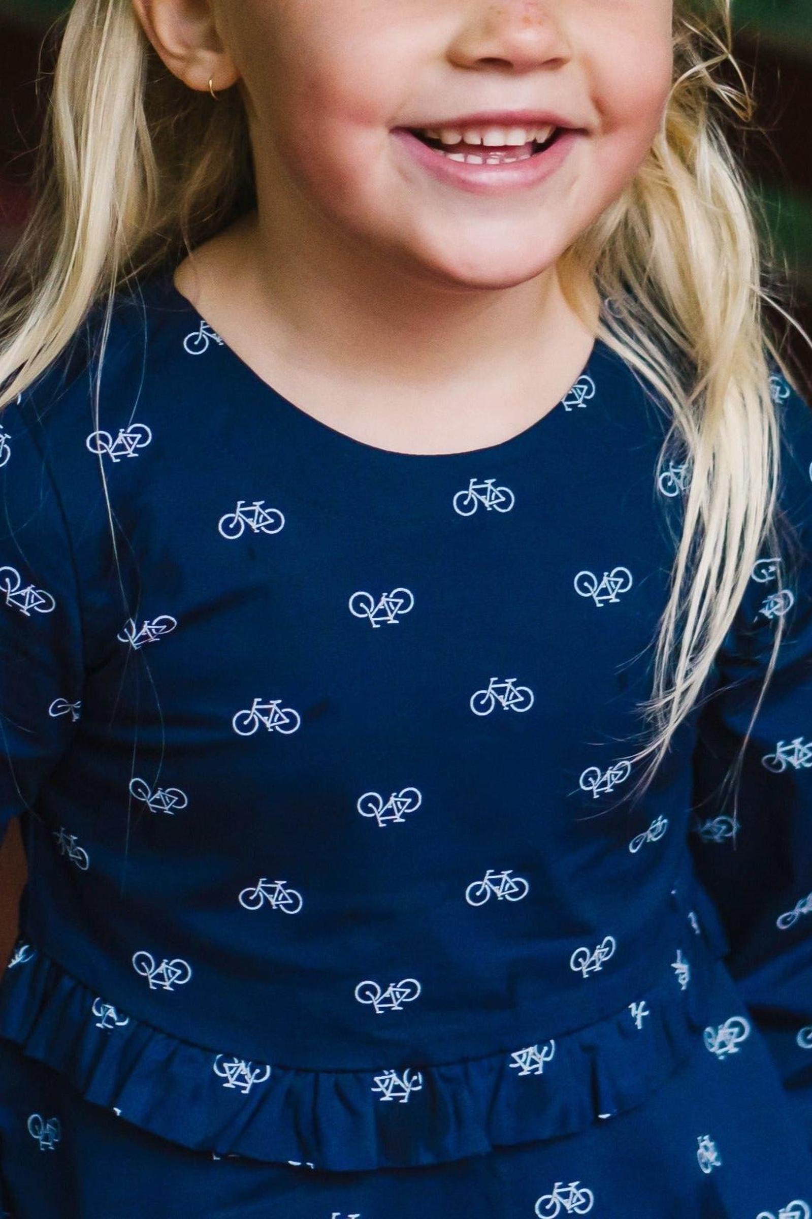 Organic Cotton Ruffle Waist Dress, Navy Bicycle Print, Toddler & Kids