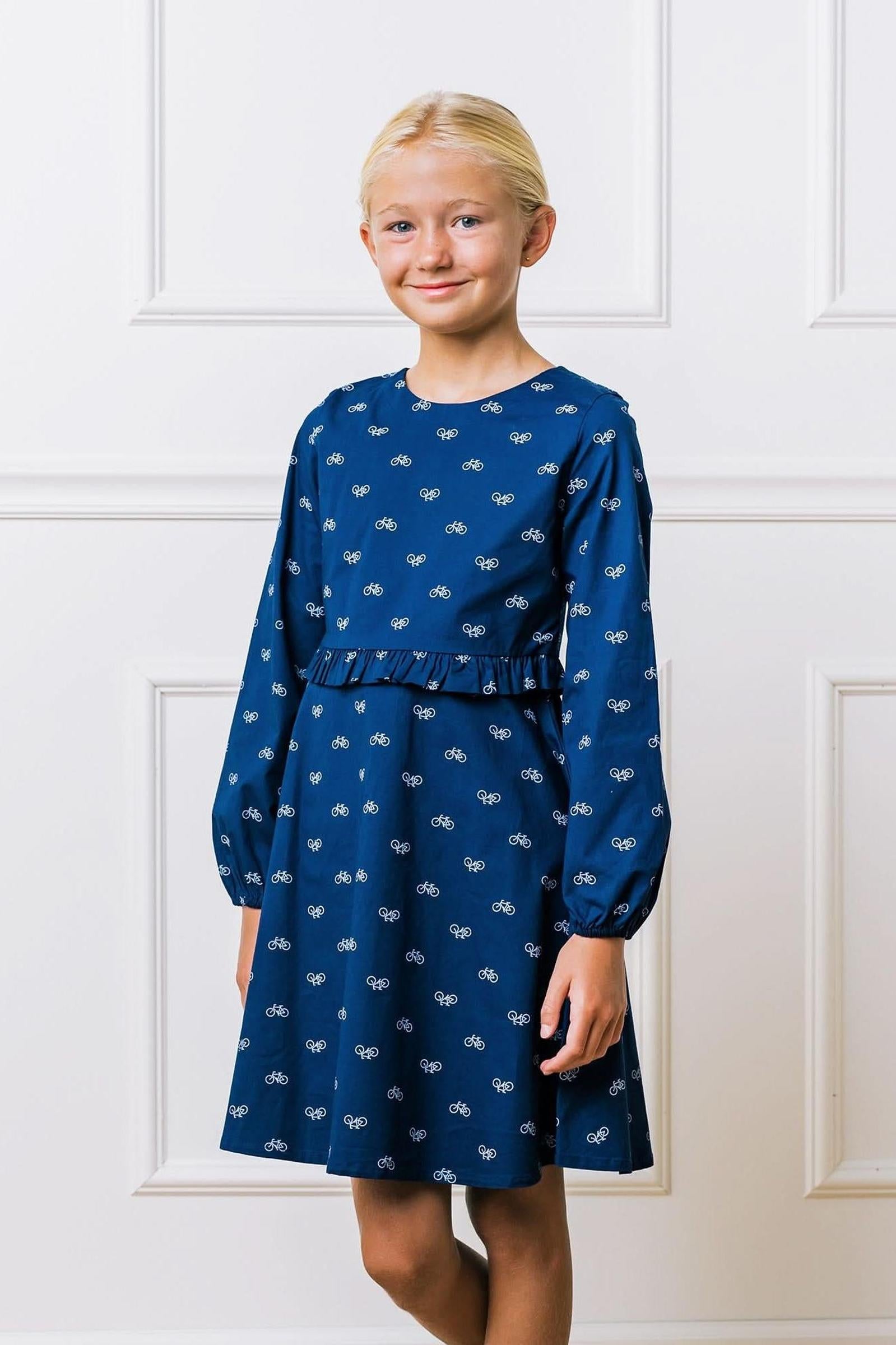 Organic Cotton Ruffle Waist Dress, Navy Bicycle Print, Toddler & Kids