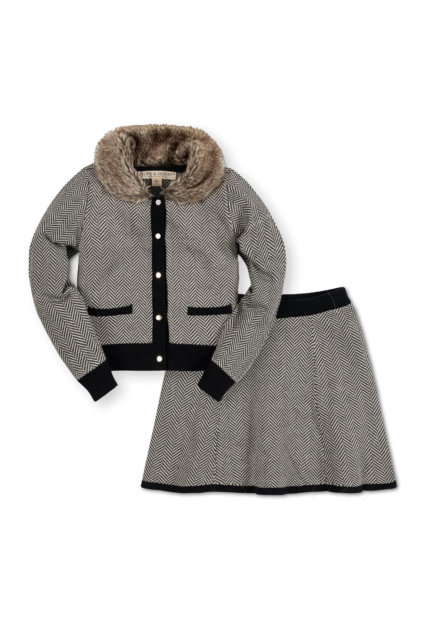 Faux Fur Cardigan and Skirt Organic Cotton Sweater Set for Girls, Charcoal, Toddler & Kids
