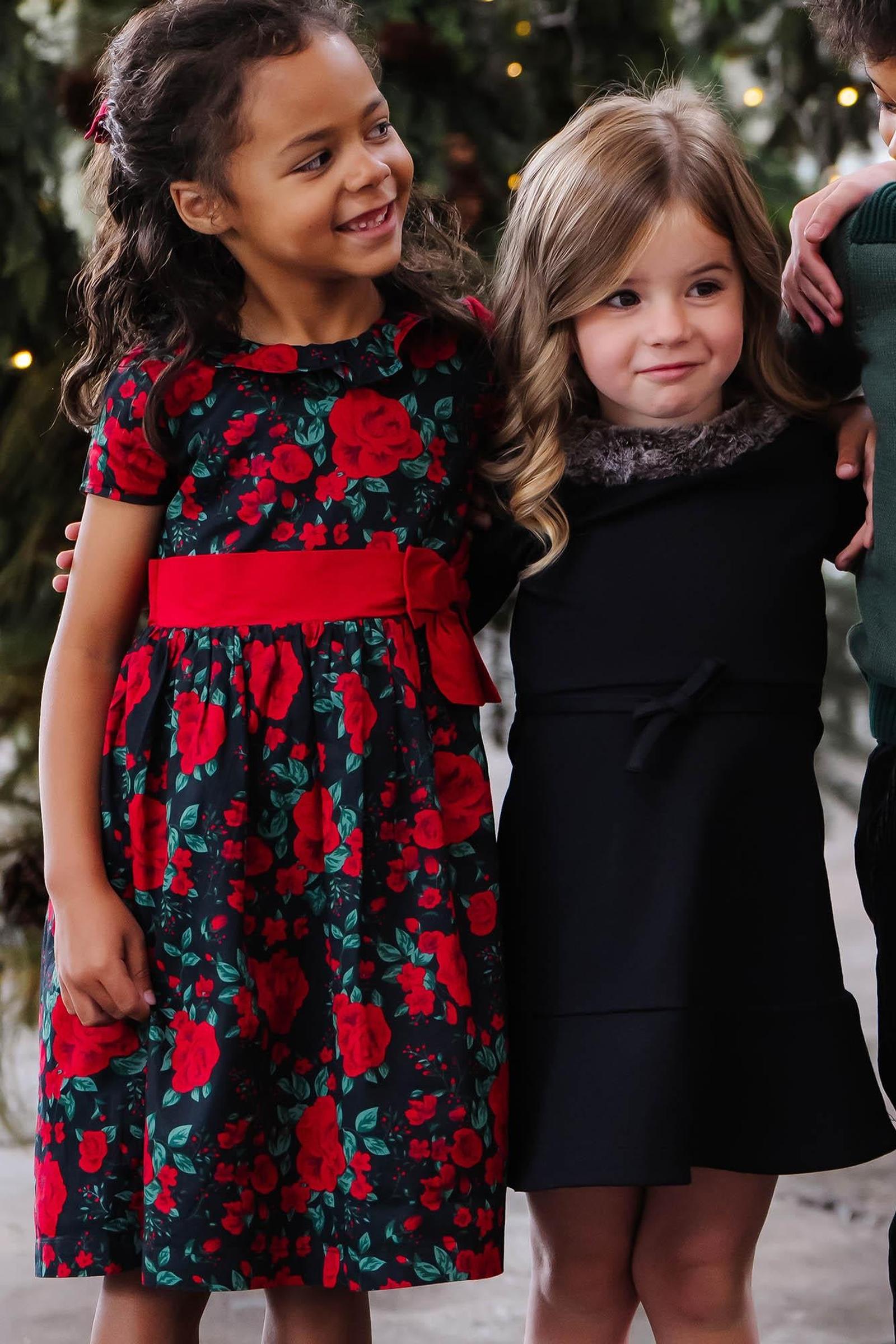 Organic Cotton Ruffle Collar Floral Party Dress for Girls, Black Holiday Rose, Toddler & Kids, Family Matching Outfits