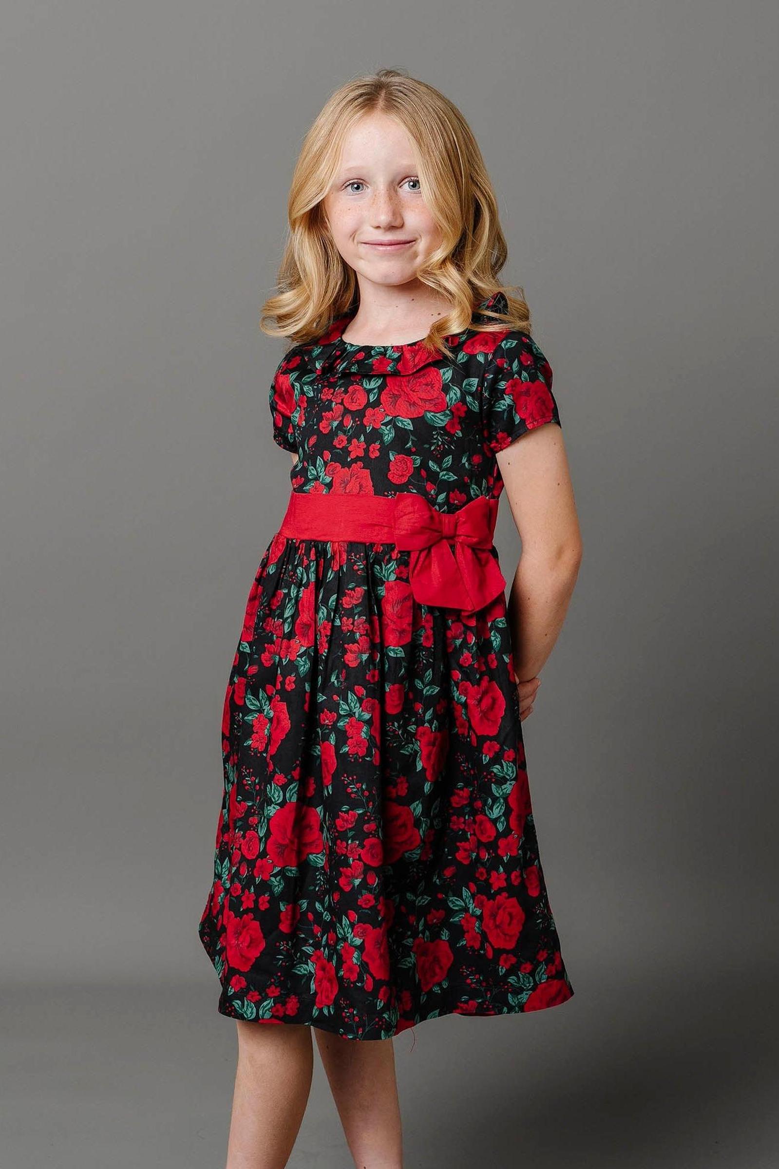 Organic Cotton Ruffle Collar Floral Party Dress for Girls, Black Holiday Rose, Toddler & Kids, Family Matching Outfits