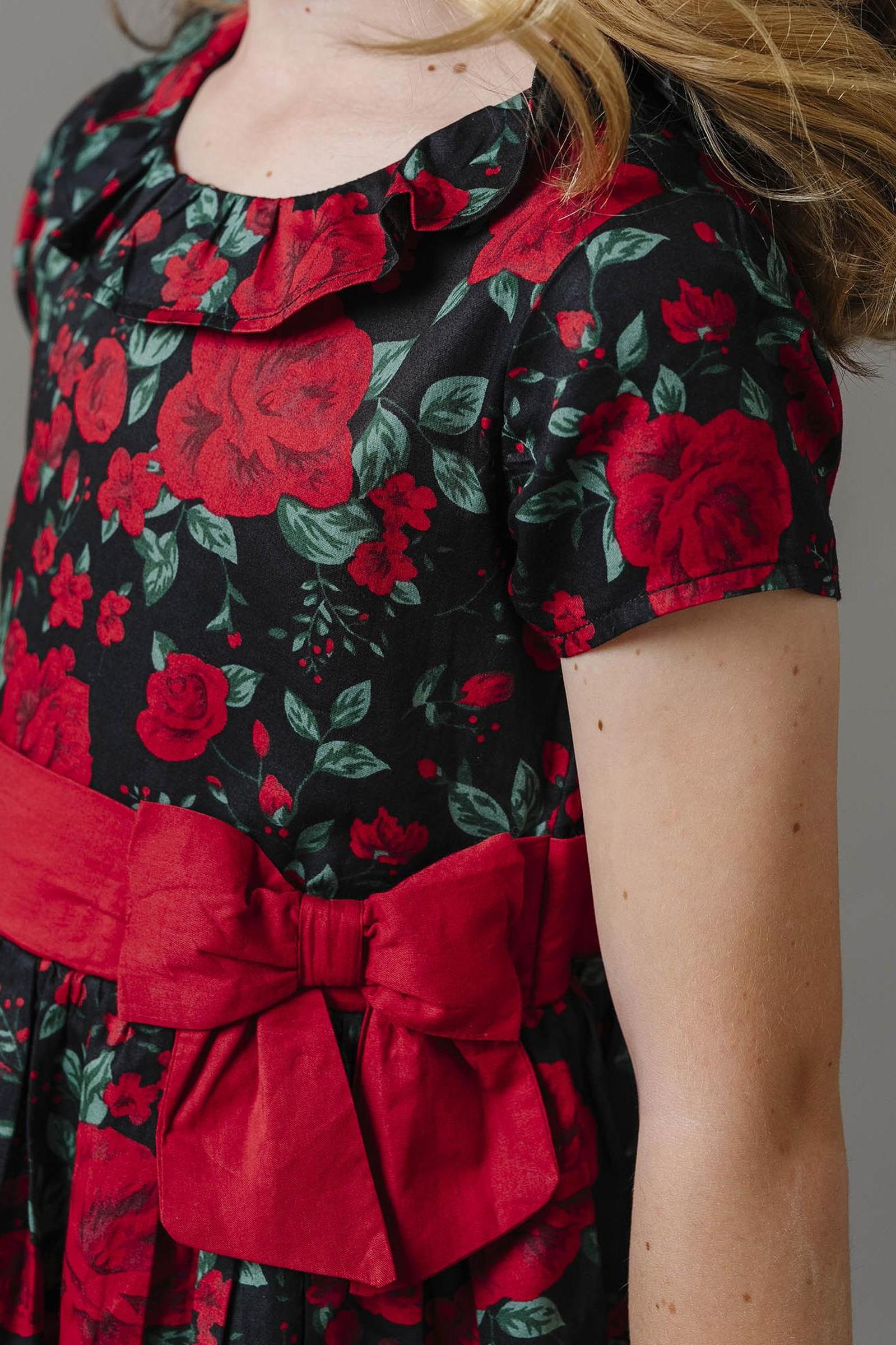 Organic Cotton Ruffle Collar Floral Party Dress for Girls, Black Holiday Rose, Toddler & Kids, Family Matching Outfits