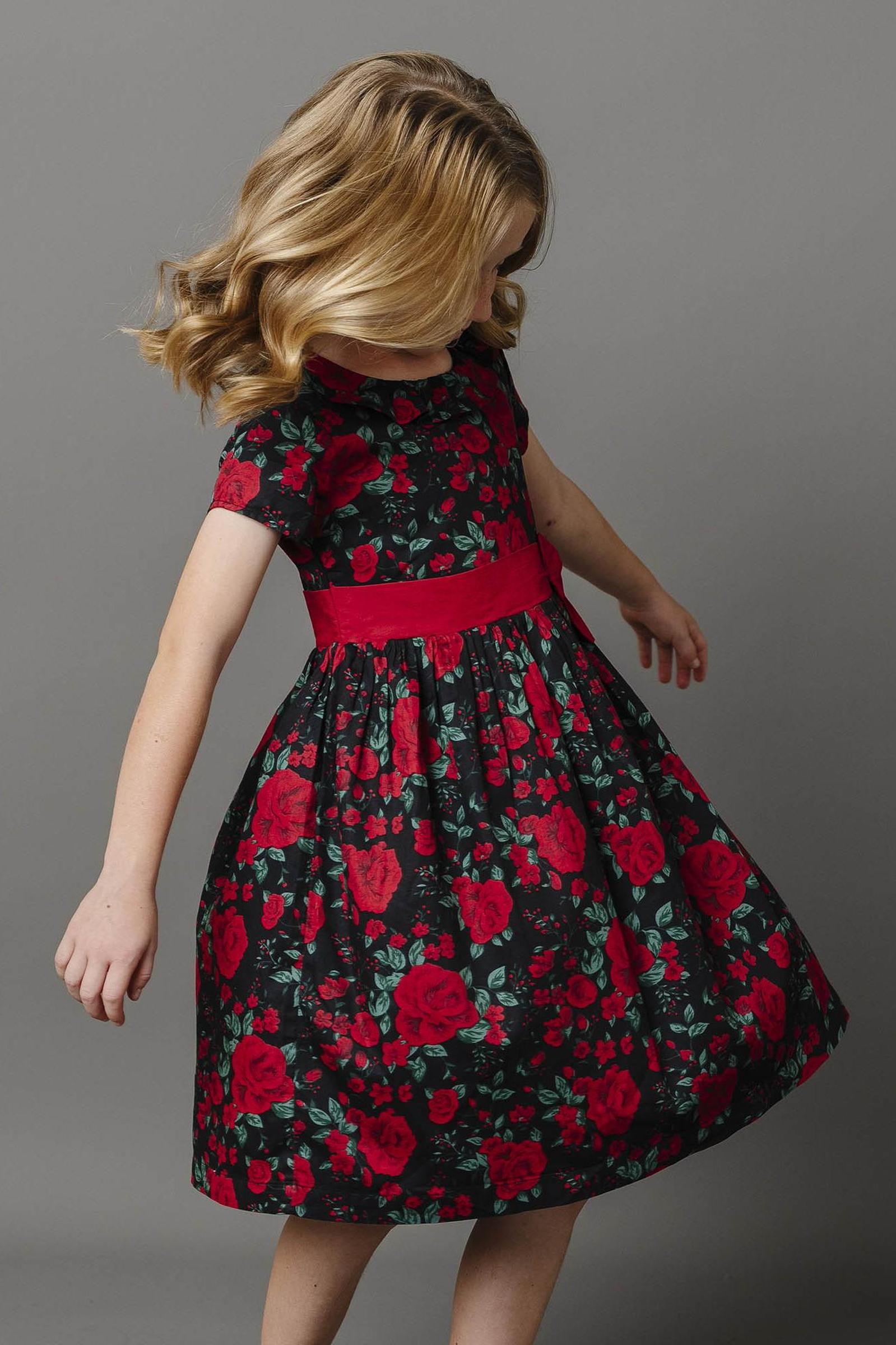 Organic Cotton Ruffle Collar Floral Party Dress for Girls, Black Holiday Rose, Toddler & Kids, Family Matching Outfits