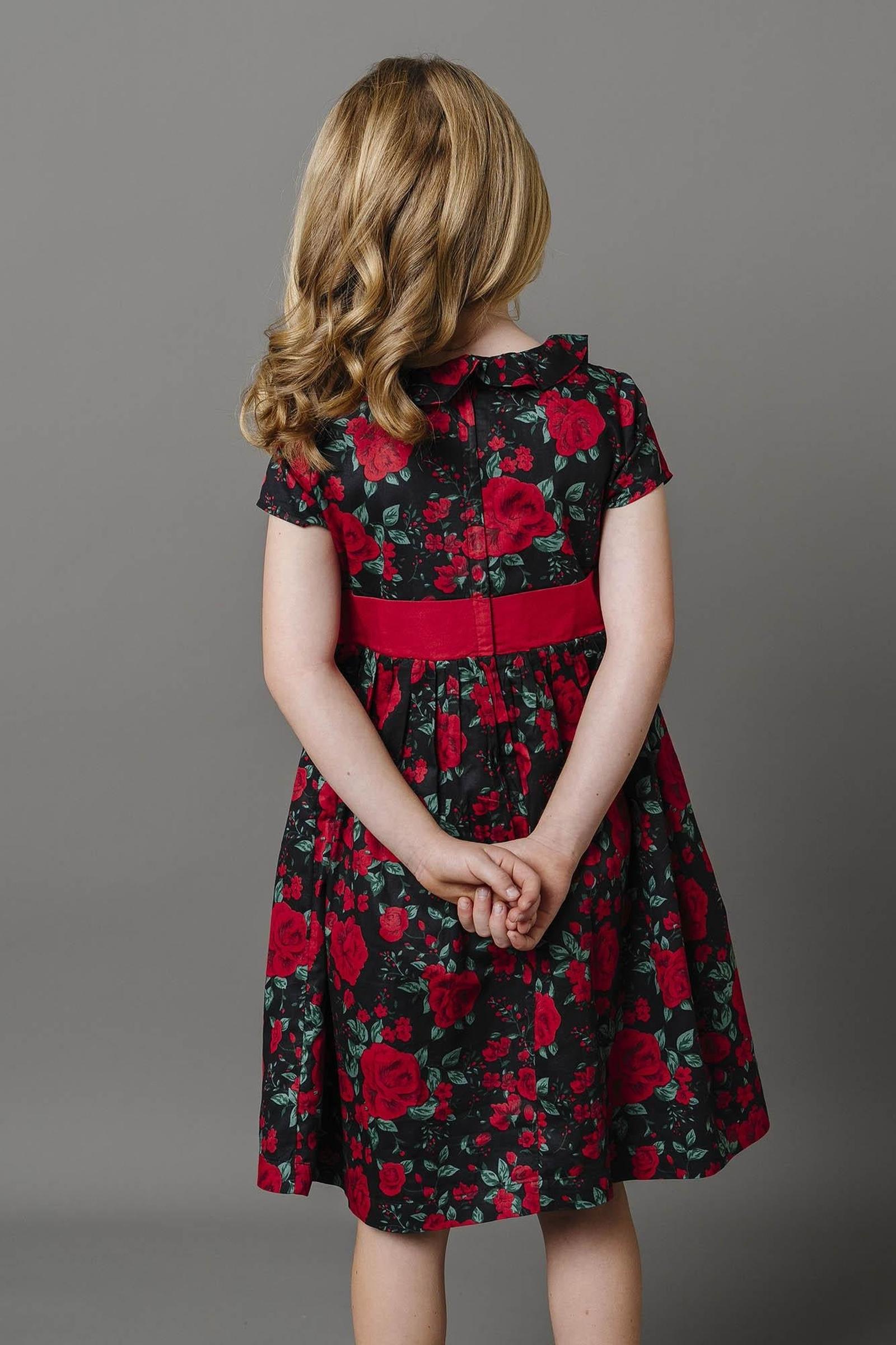 Organic Cotton Ruffle Collar Floral Party Dress for Girls, Black Holiday Rose, Toddler & Kids, Family Matching Outfits