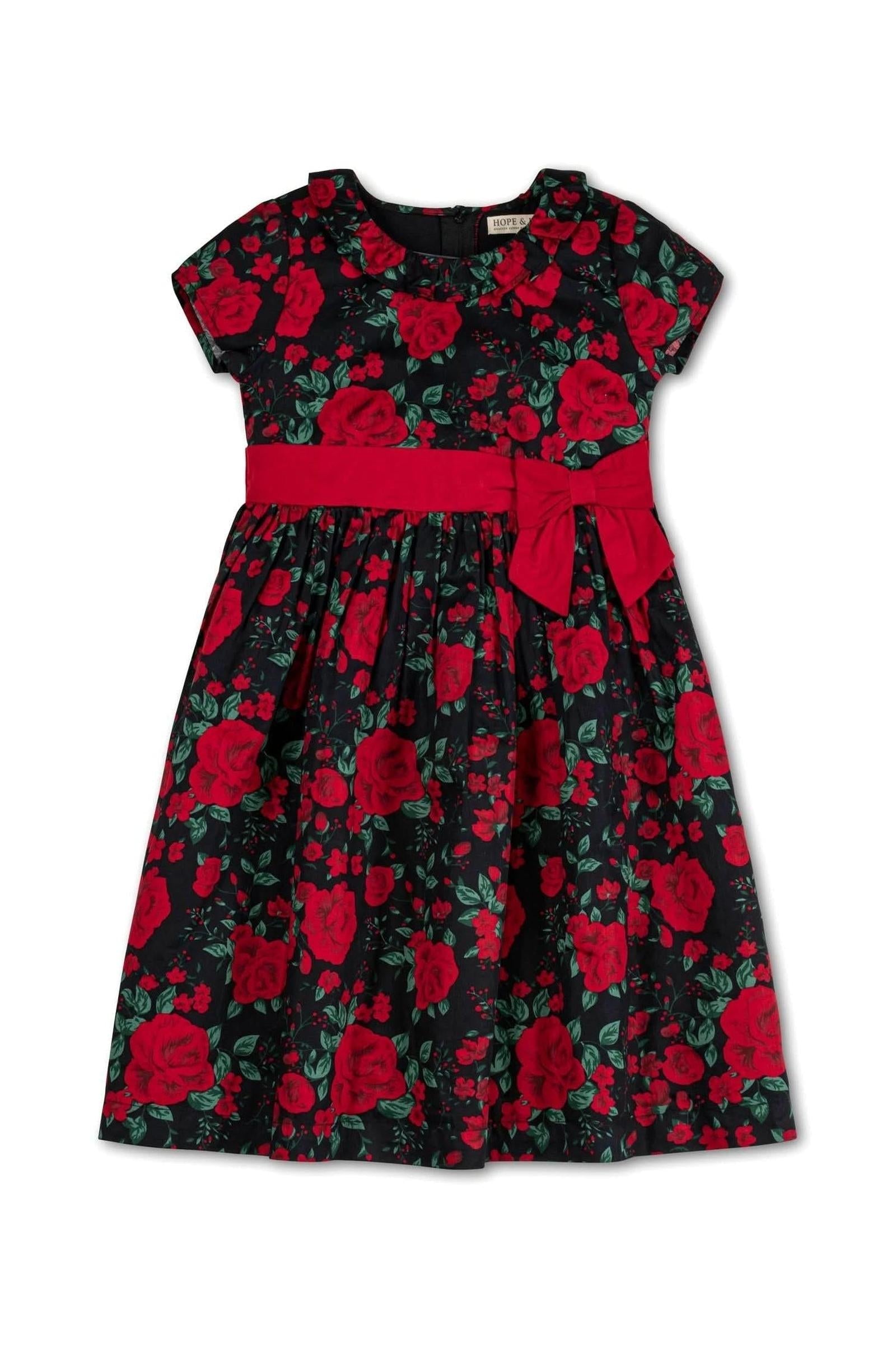 Organic Cotton Ruffle Collar Floral Party Dress for Girls, Black Holiday Rose, Toddler & Kids, Family Matching Outfits