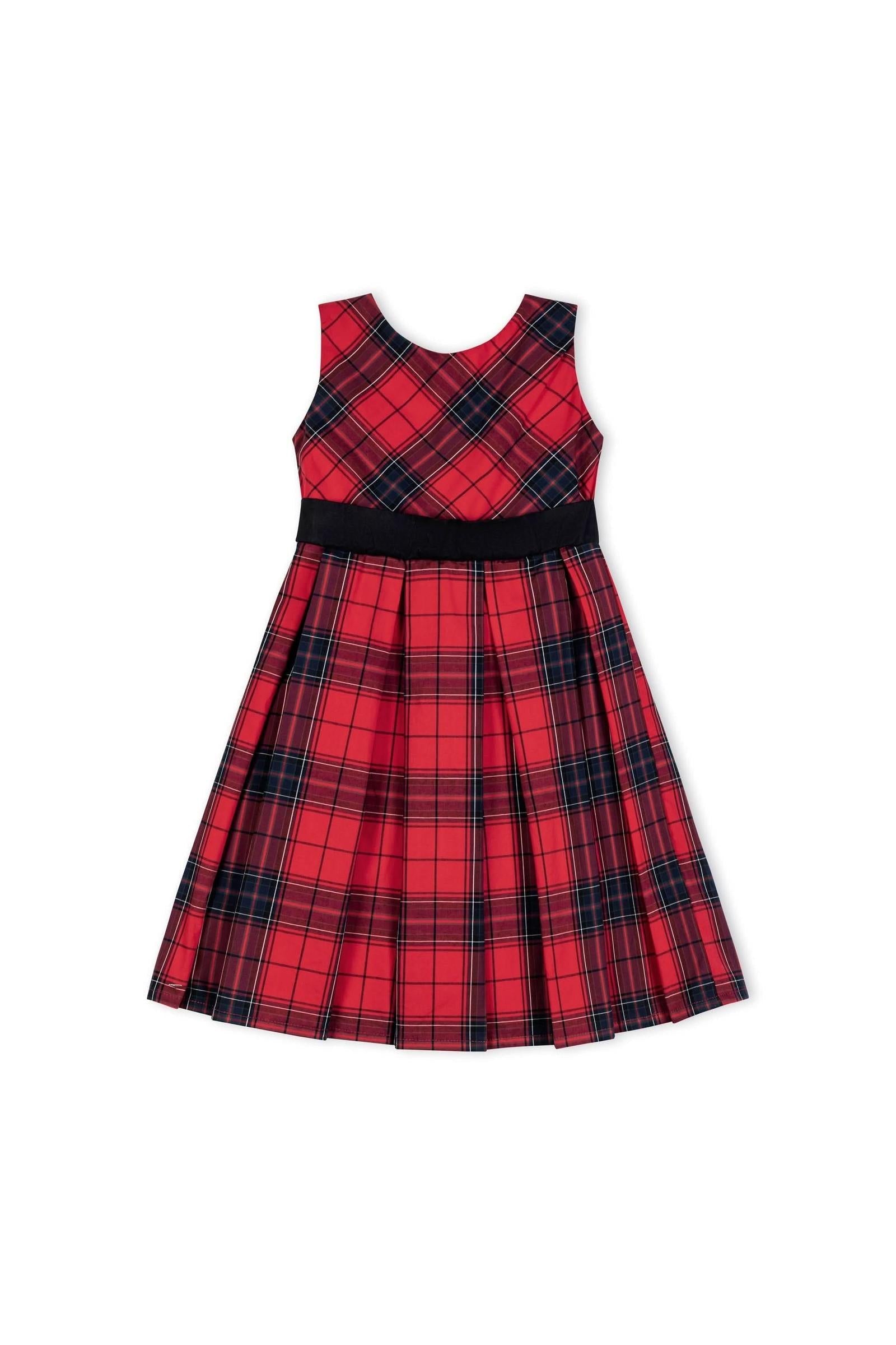 Organic Cotton Pleated Party Dress for Baby Girls, Red Holiday Plaid