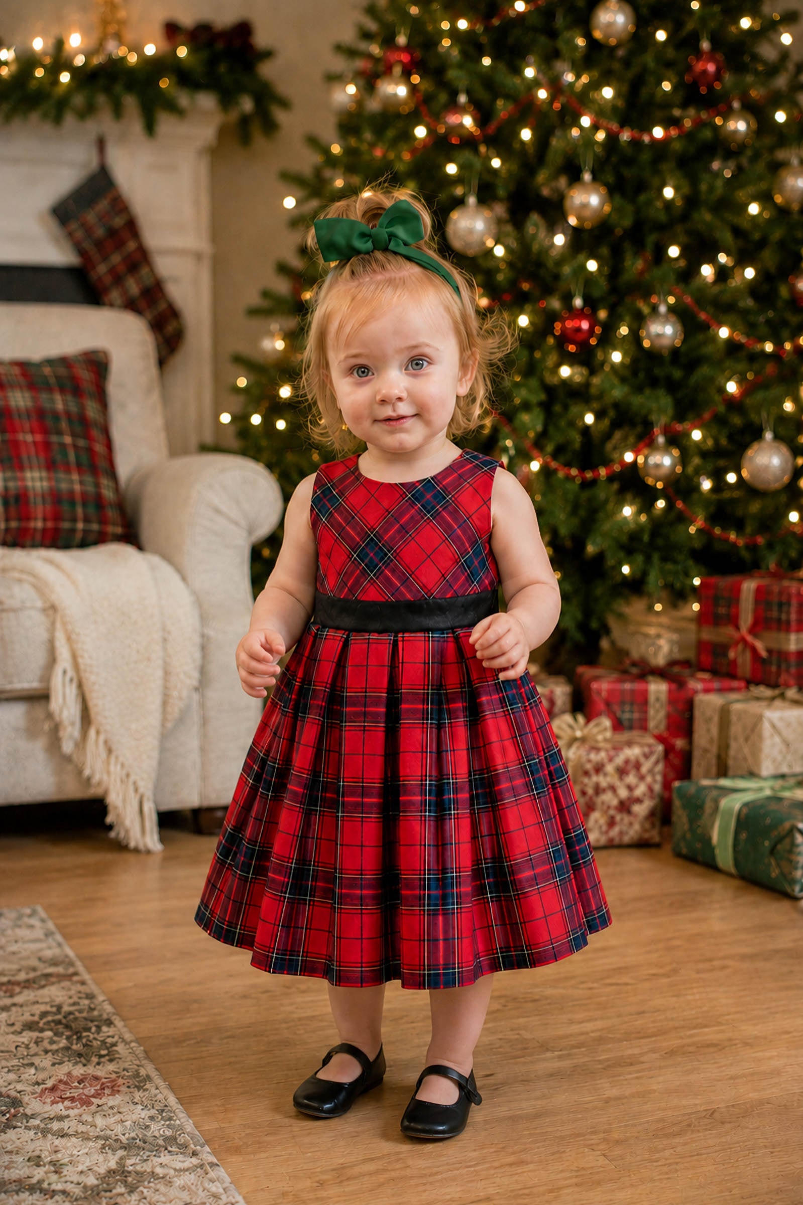 Organic Cotton Pleated Party Dress for Baby Girls, Red Holiday Plaid