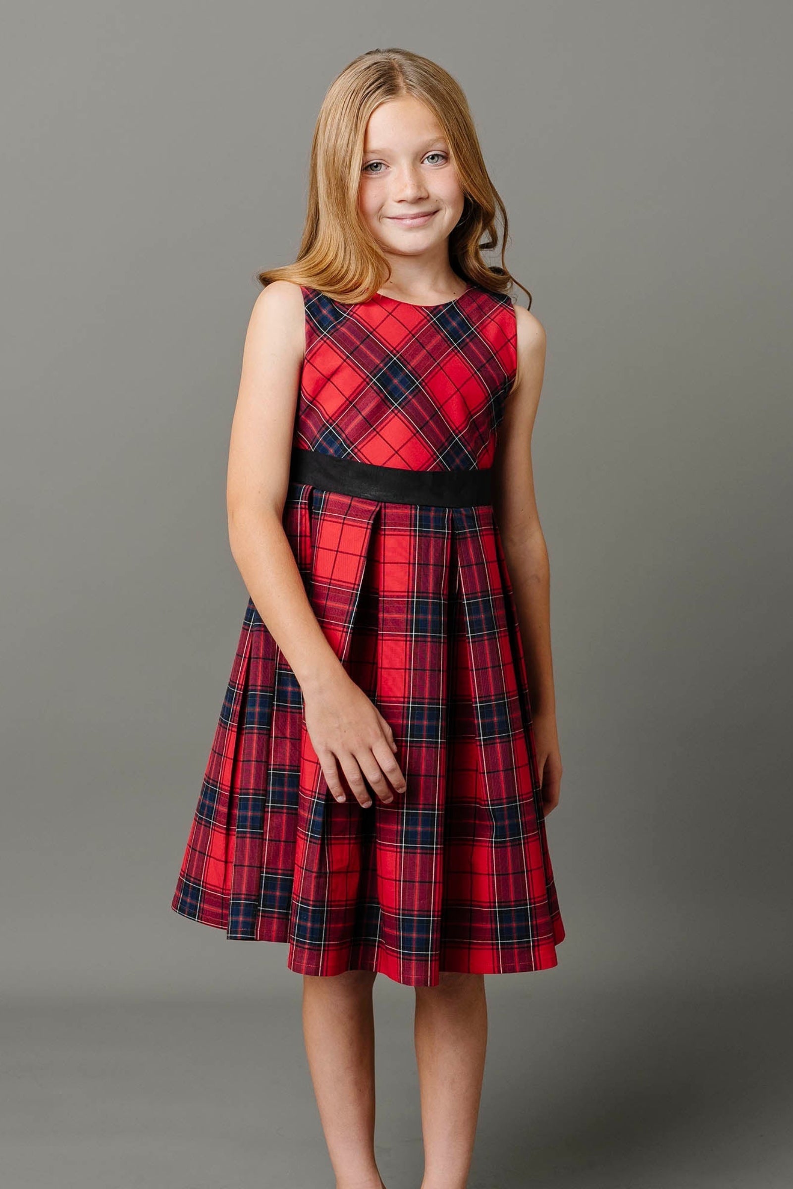 Organic Cotton Classic Red Tartan Pleated Party Dress for Girls, Toddler & Kids