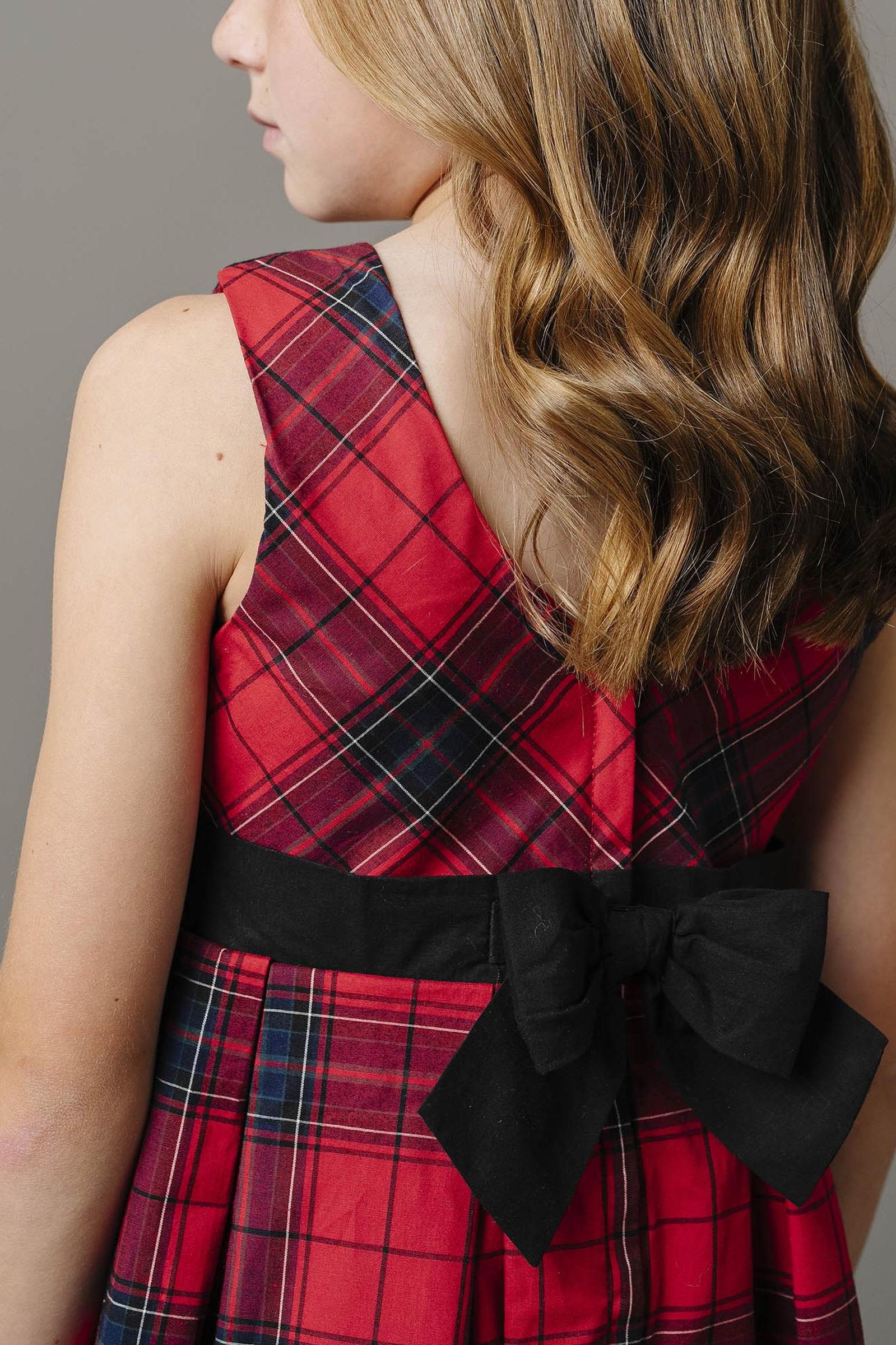 Organic Cotton Pleated Party Dress for Baby Girls, Red Holiday Plaid