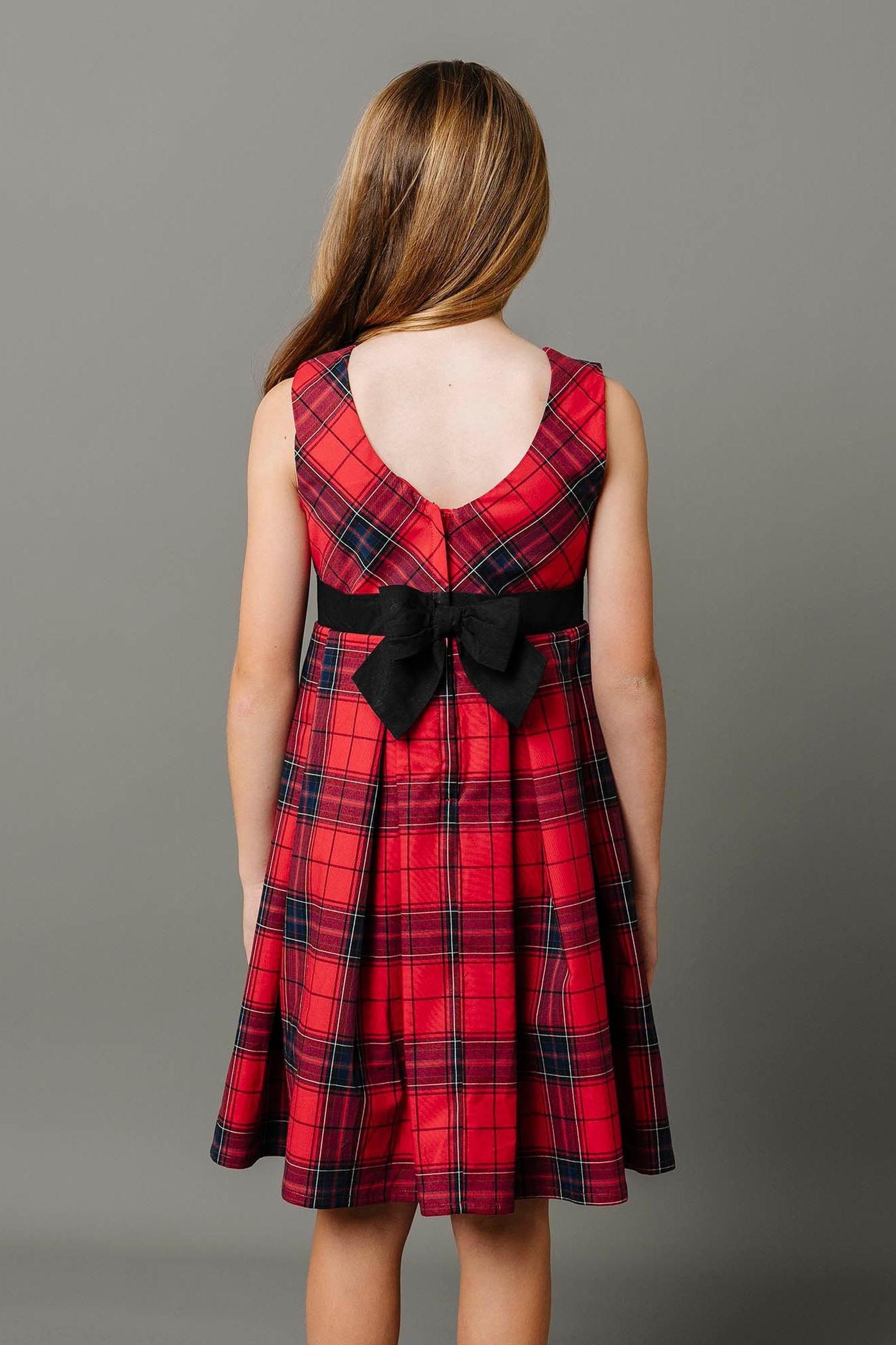 Organic Cotton Pleated Party Dress for Baby Girls, Red Holiday Plaid