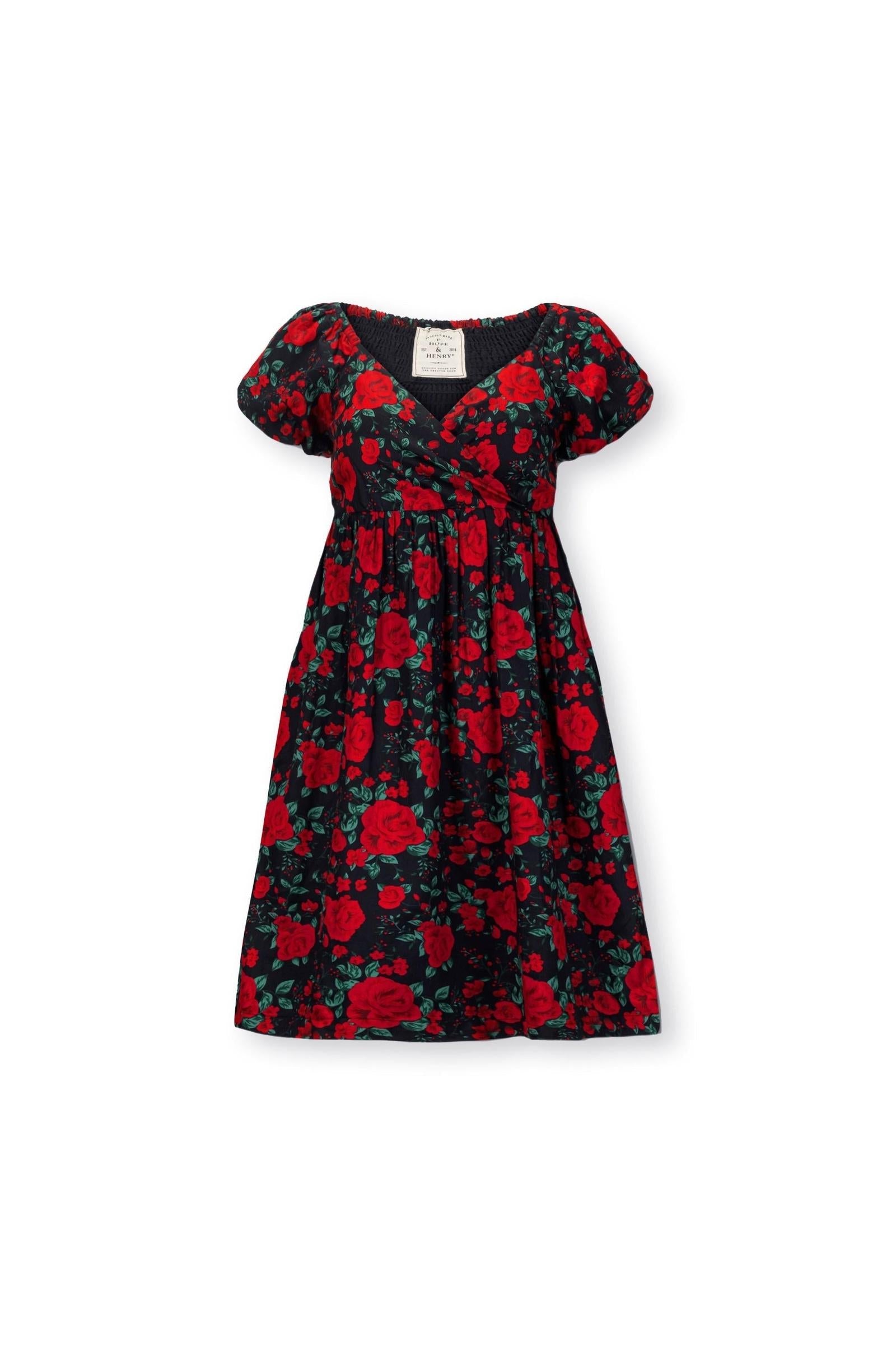 Organic Cotton Puff Sleeve Crossover Dress, Black Holiday Rose, Women, Family Matching Outfits
