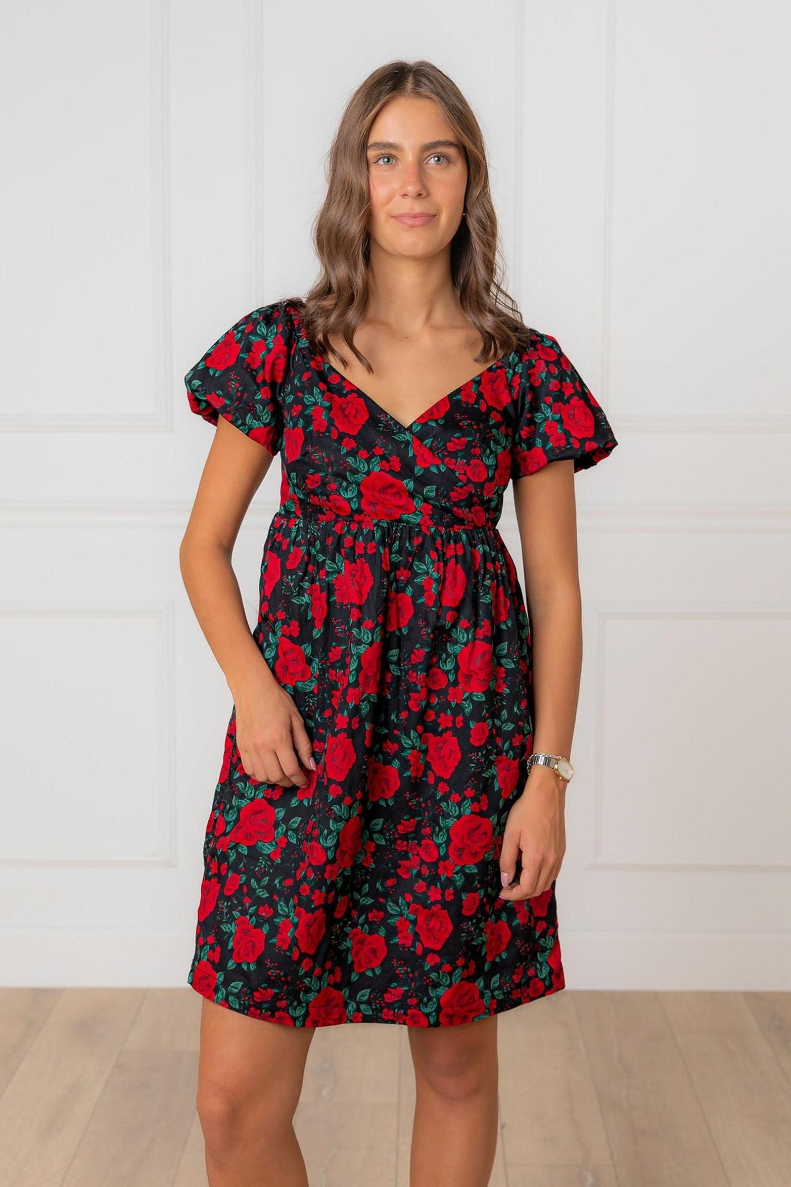 Organic Cotton Puff Sleeve Crossover Dress, Black Holiday Rose, Women, Family Matching Outfits