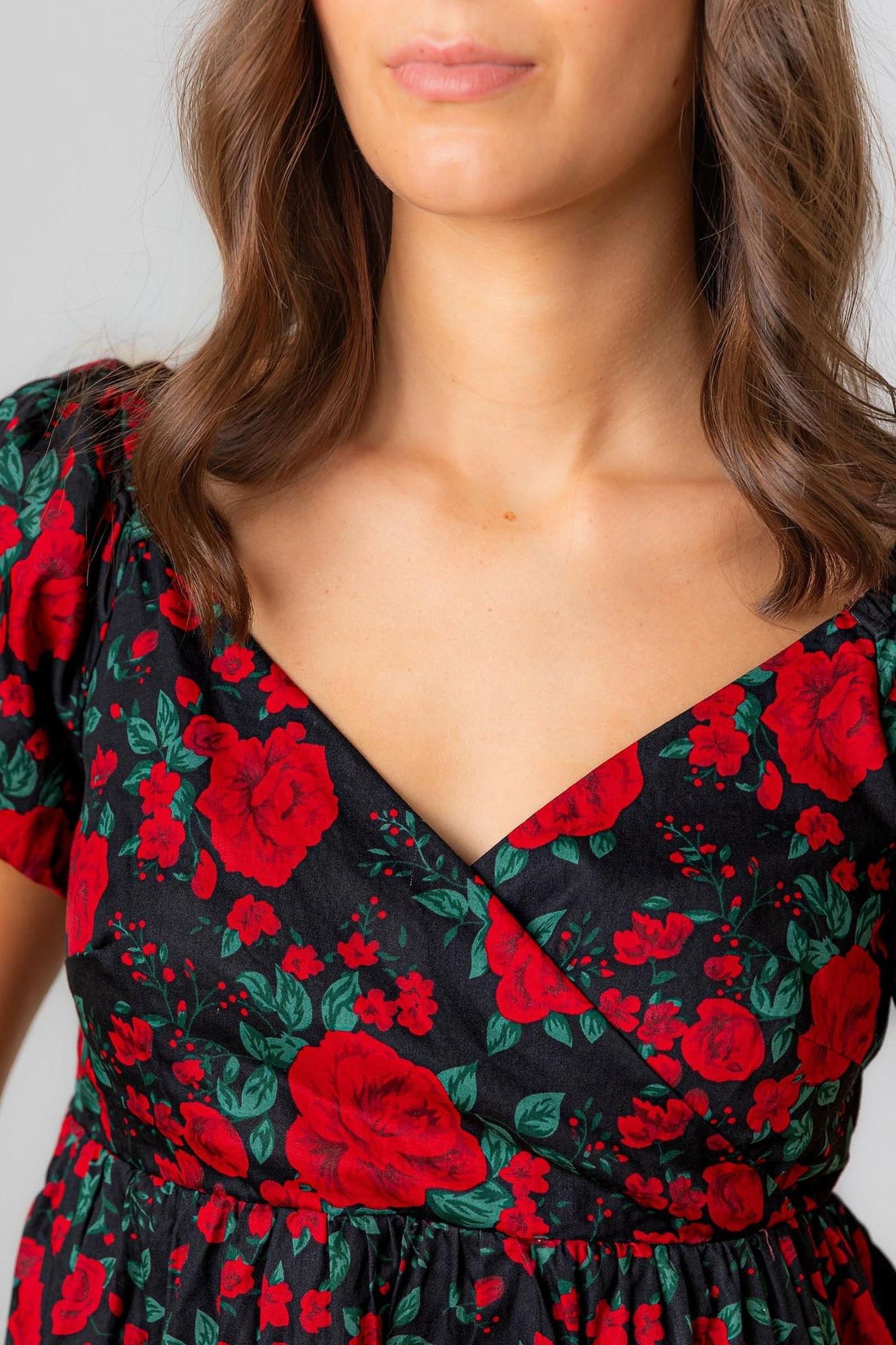 Organic Cotton Puff Sleeve Crossover Dress, Black Holiday Rose, Women, Family Matching Outfits