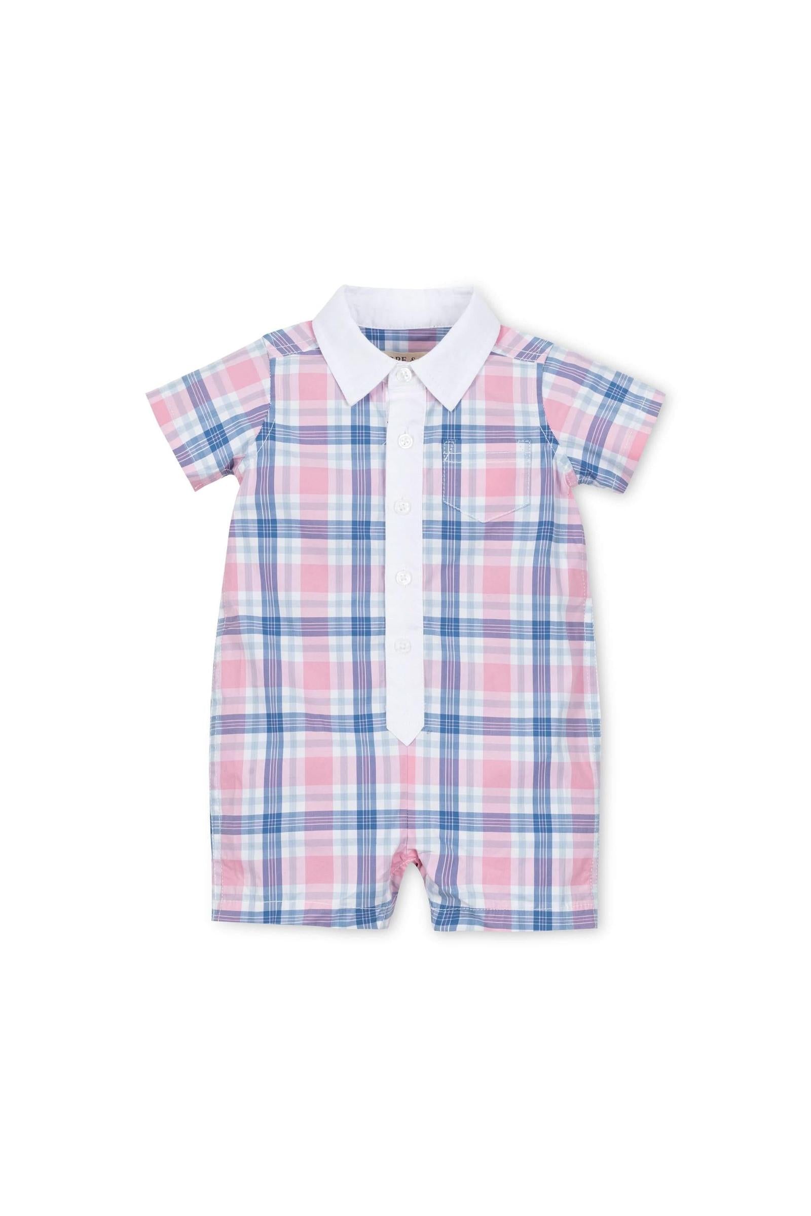 Stretch Organic Cotton Poplin Button Front Romper, Fresh Pink and Blue Plaid, Baby