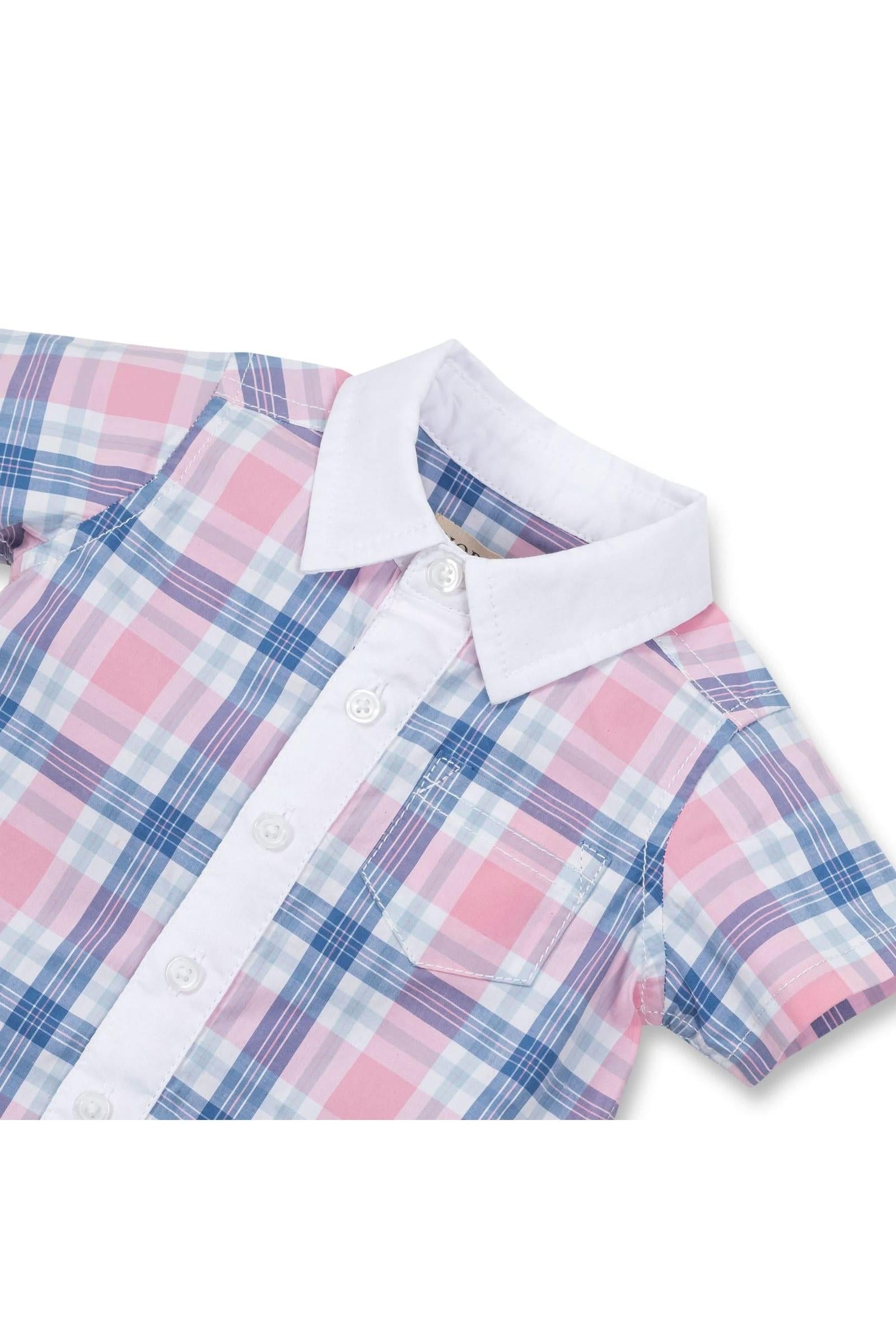 Stretch Organic Cotton Poplin Button Front Romper, Fresh Pink and Blue Plaid, Baby
