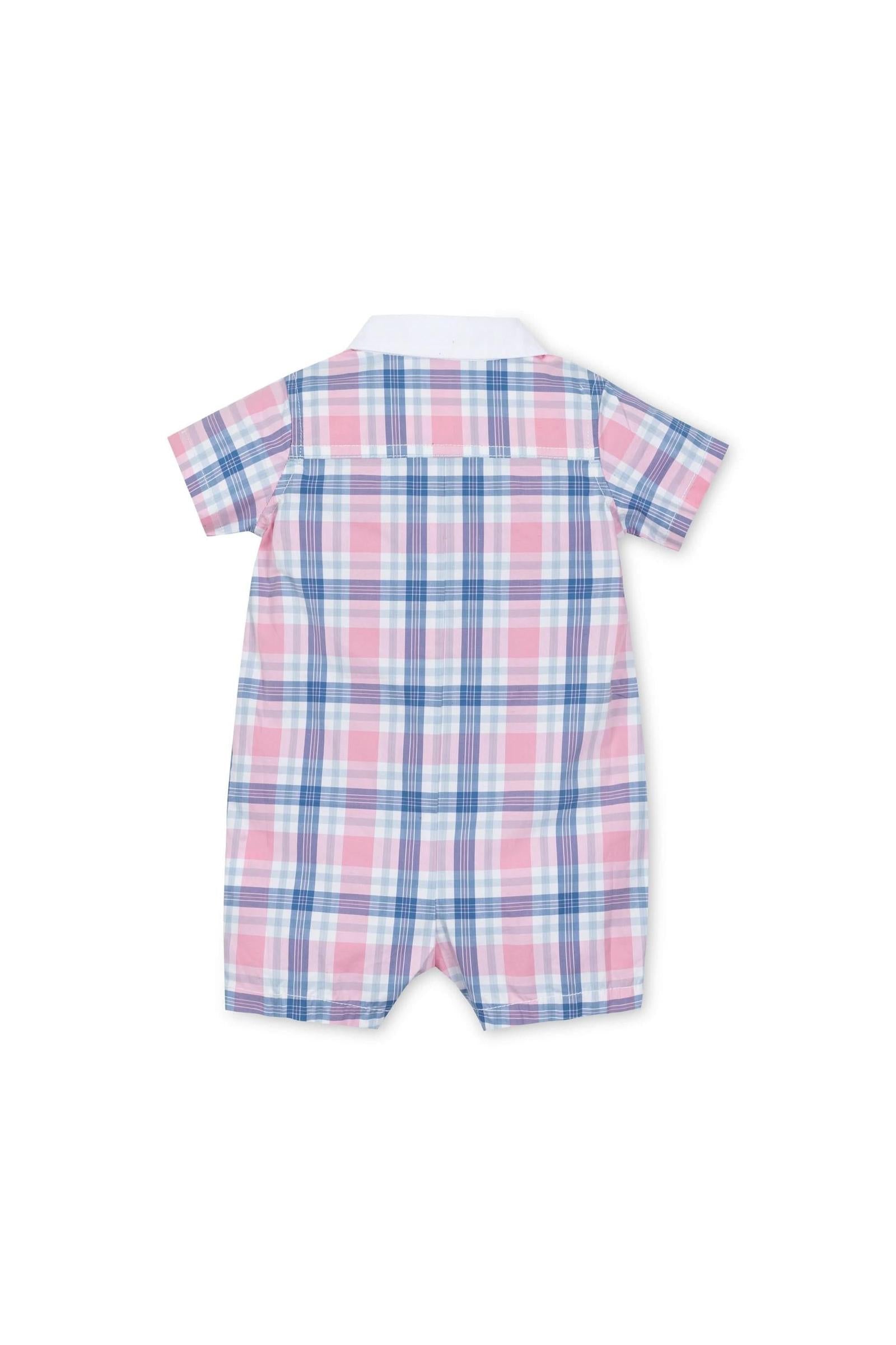 Stretch Organic Cotton Poplin Button Front Romper, Fresh Pink and Blue Plaid, Baby