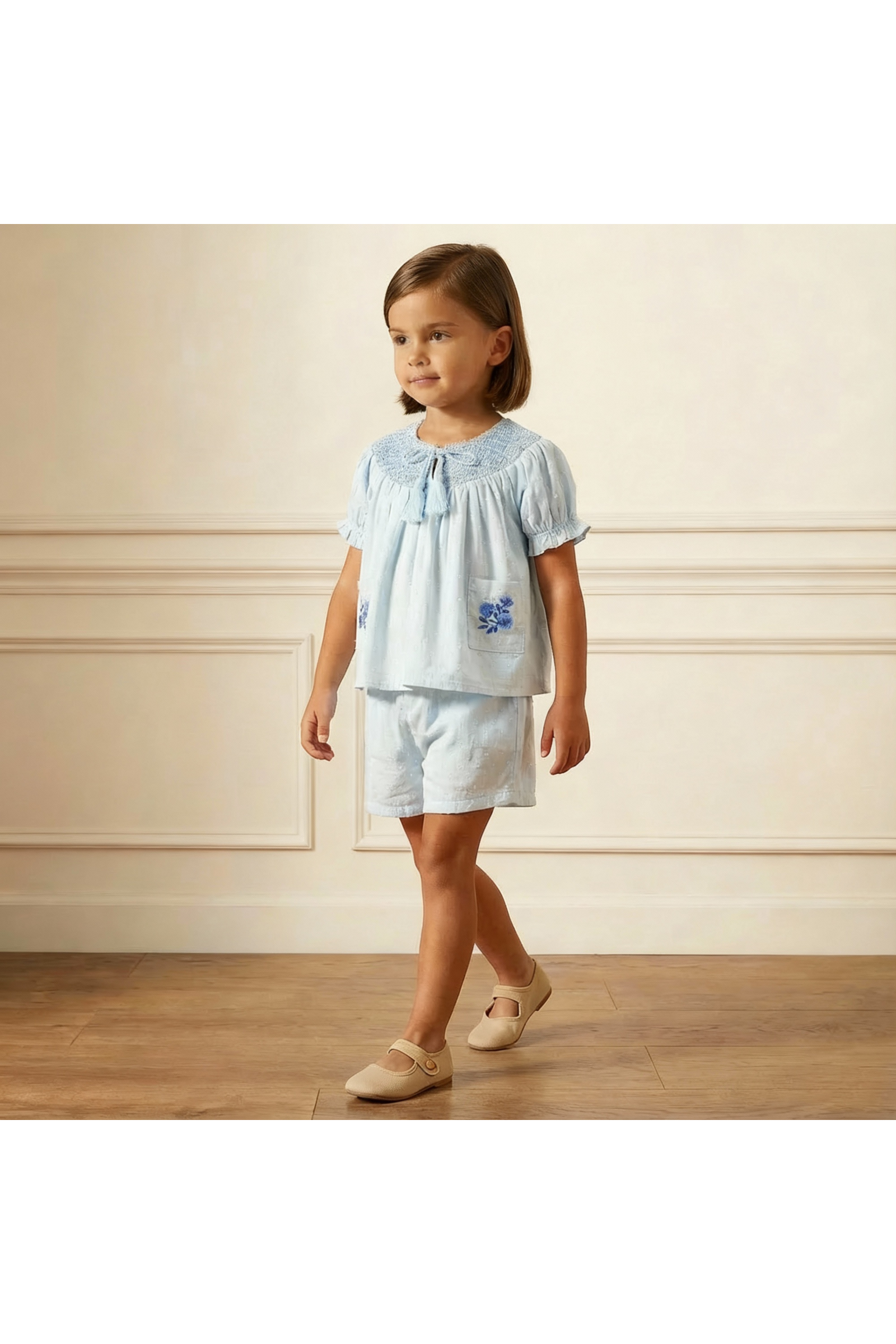 Organic Smocked Top & Shorts Set - Light Blue