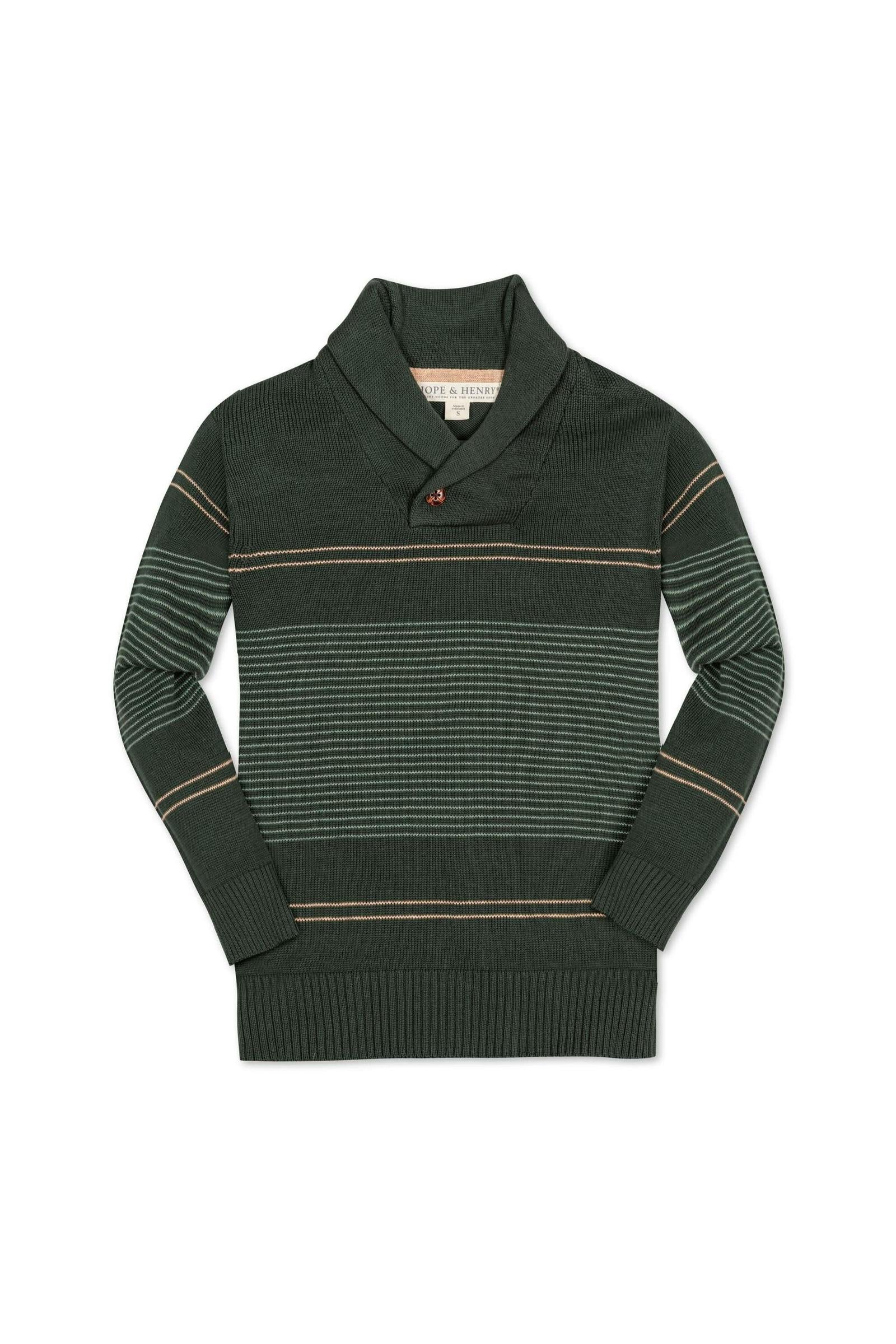 Organic Cotton Shawl Collar Sweater, Pine and Sage Stripe, Toddler & Kids