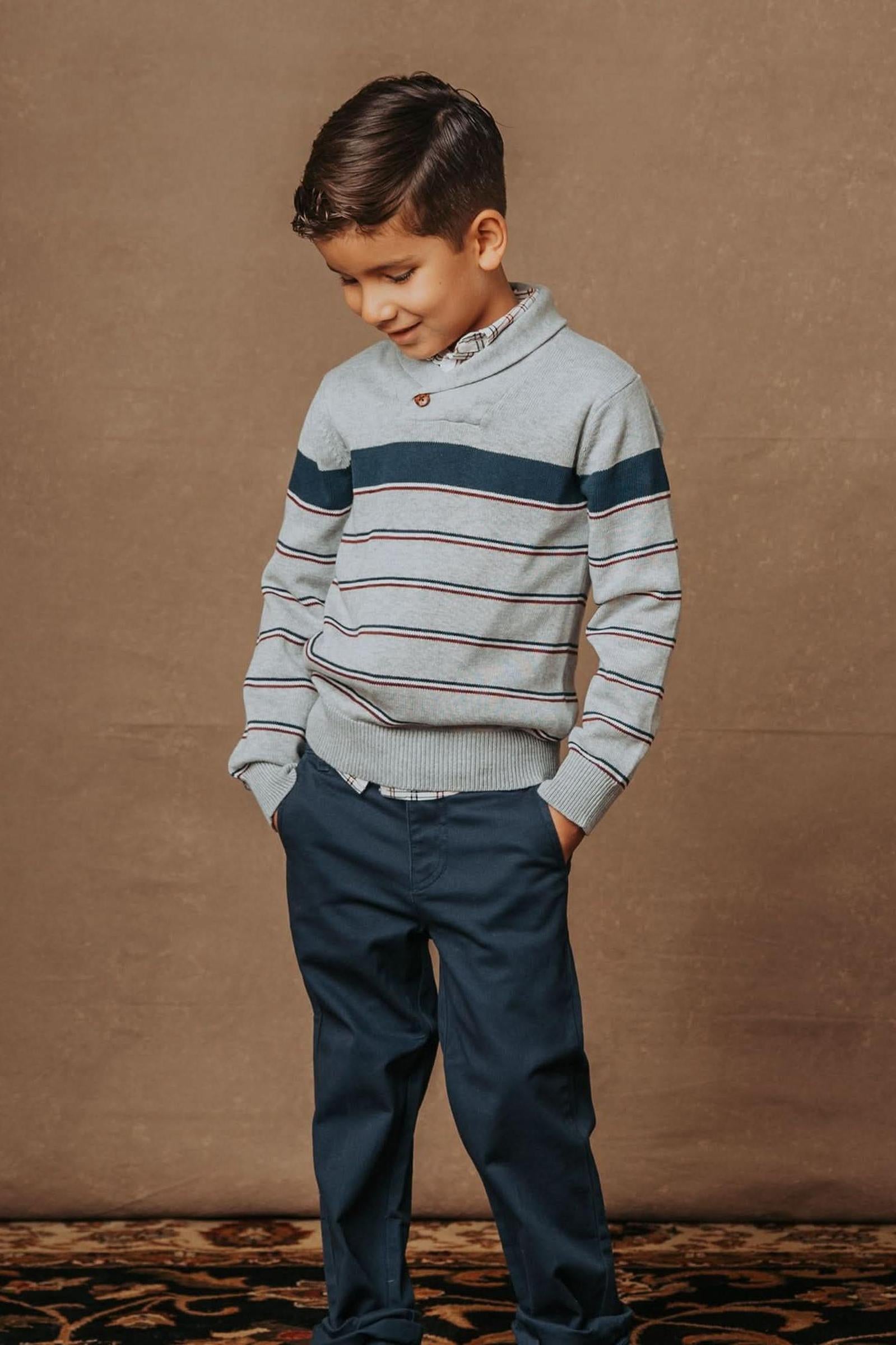 Organic Cotton Shawl Collar Sweater for Baby Boys, Gray