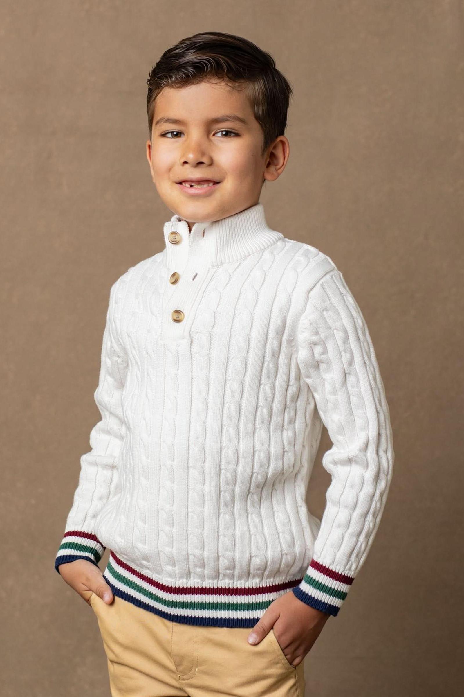 Organic Cotton Mock Neck Cable Sweater for Baby Boys, White