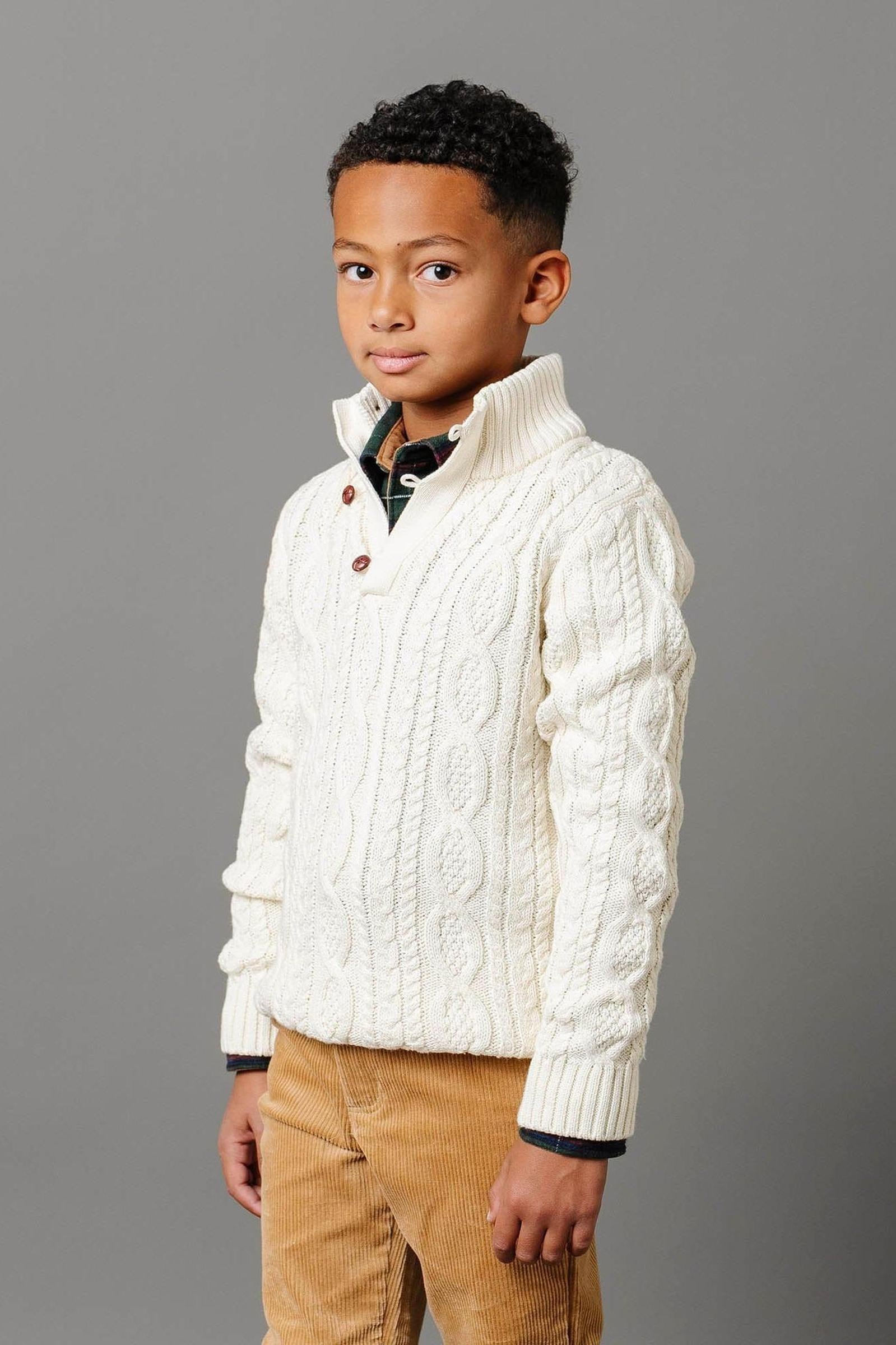 Organic Cotton Cable Knit Mock Neck Sweater with Buttons For Boys, White, Toddler & Kids