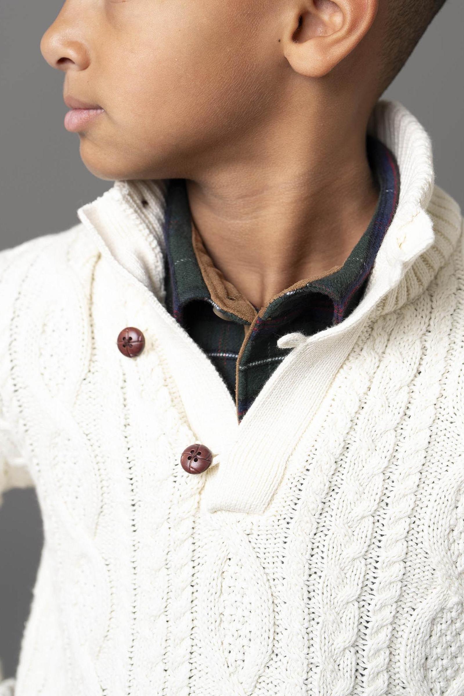 Organic Cotton Cable Knit Mock Neck Sweater with Buttons For Boys, White, Toddler & Kids