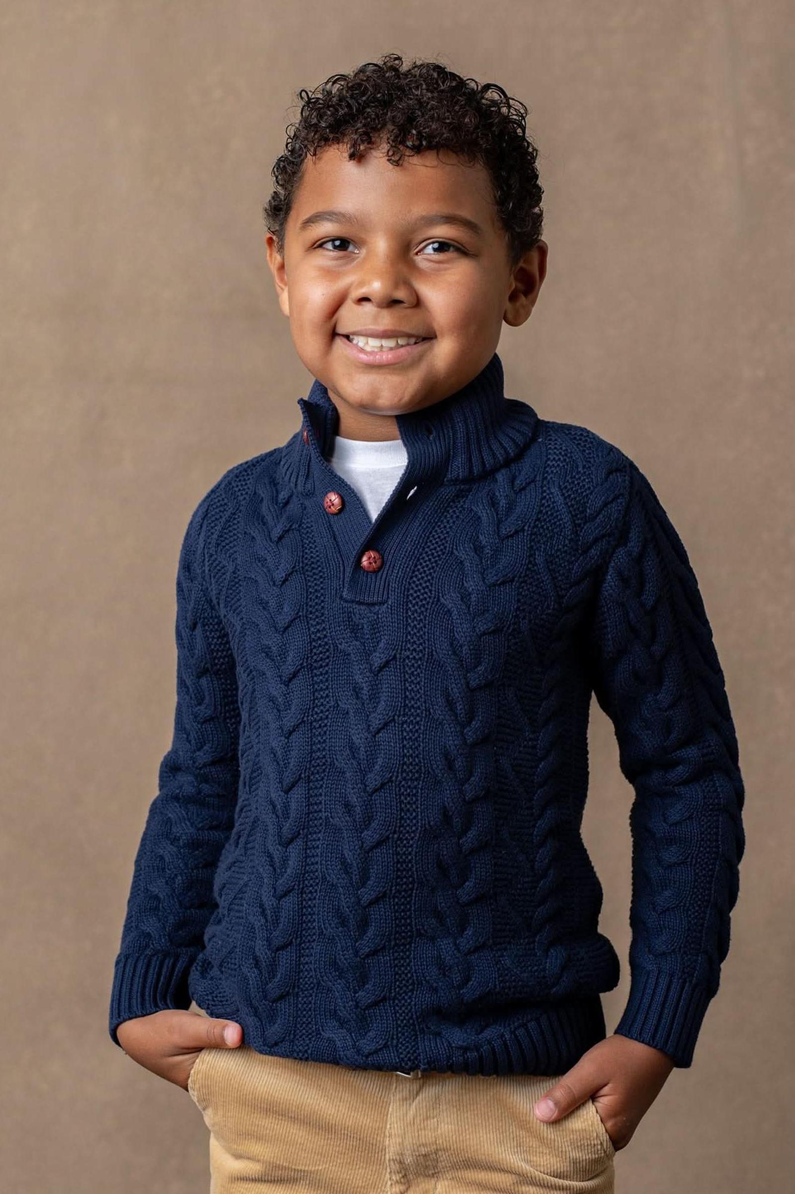 Organic Cotton Mock Neck Cable Sweater for Boys, Navy, Toddler & Kids
