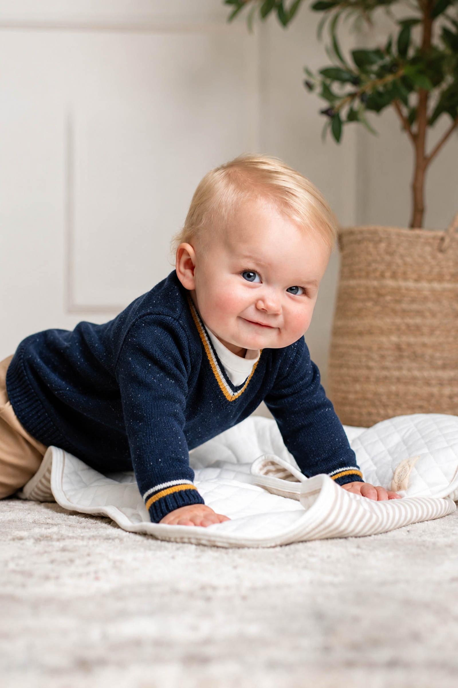 Organic Cotton V-Neck Sweater for Baby Boys, Navy, Baby