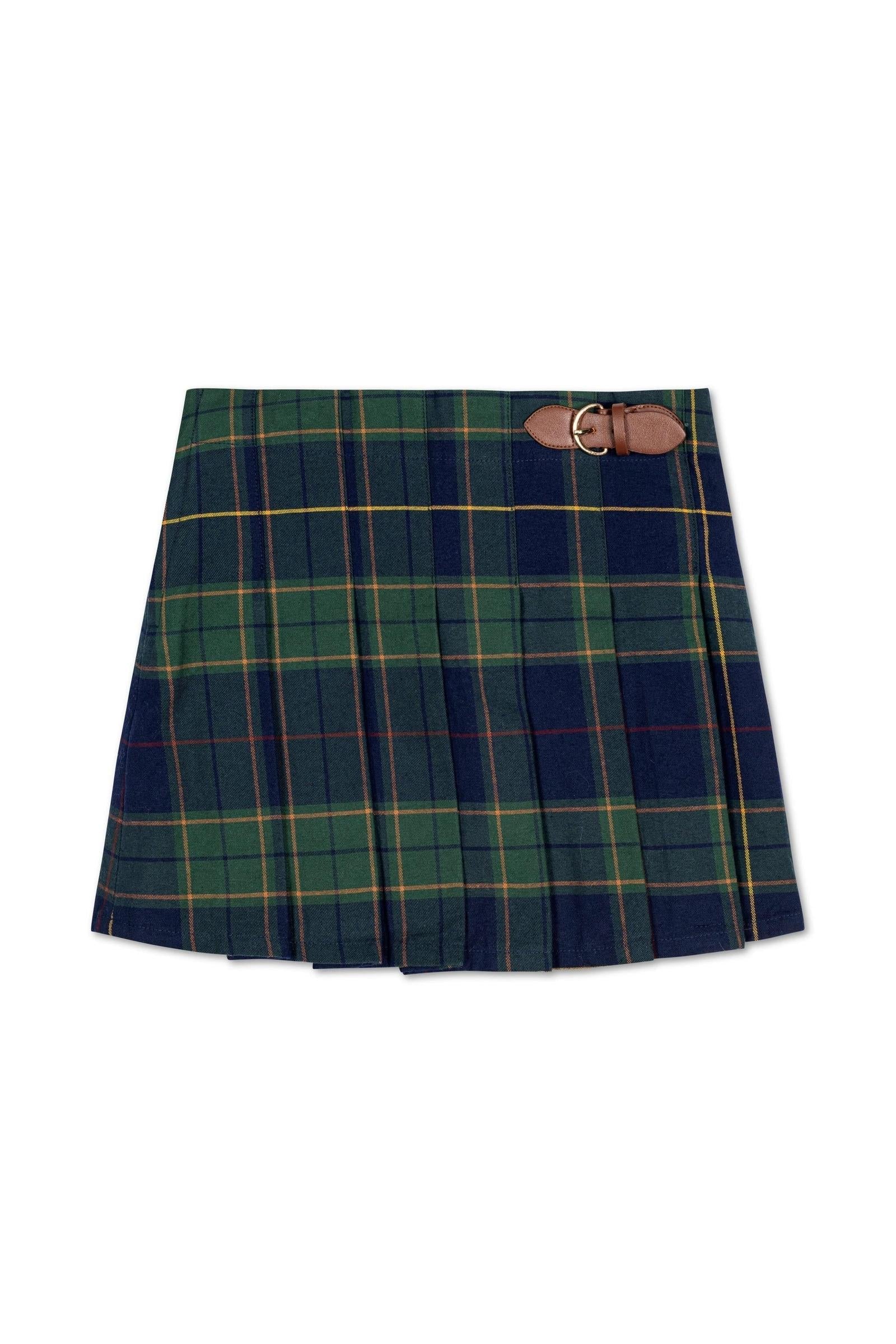 Organic Cotton Pleated Buckle Skirt, Navy Plaid, Toddler & Kids