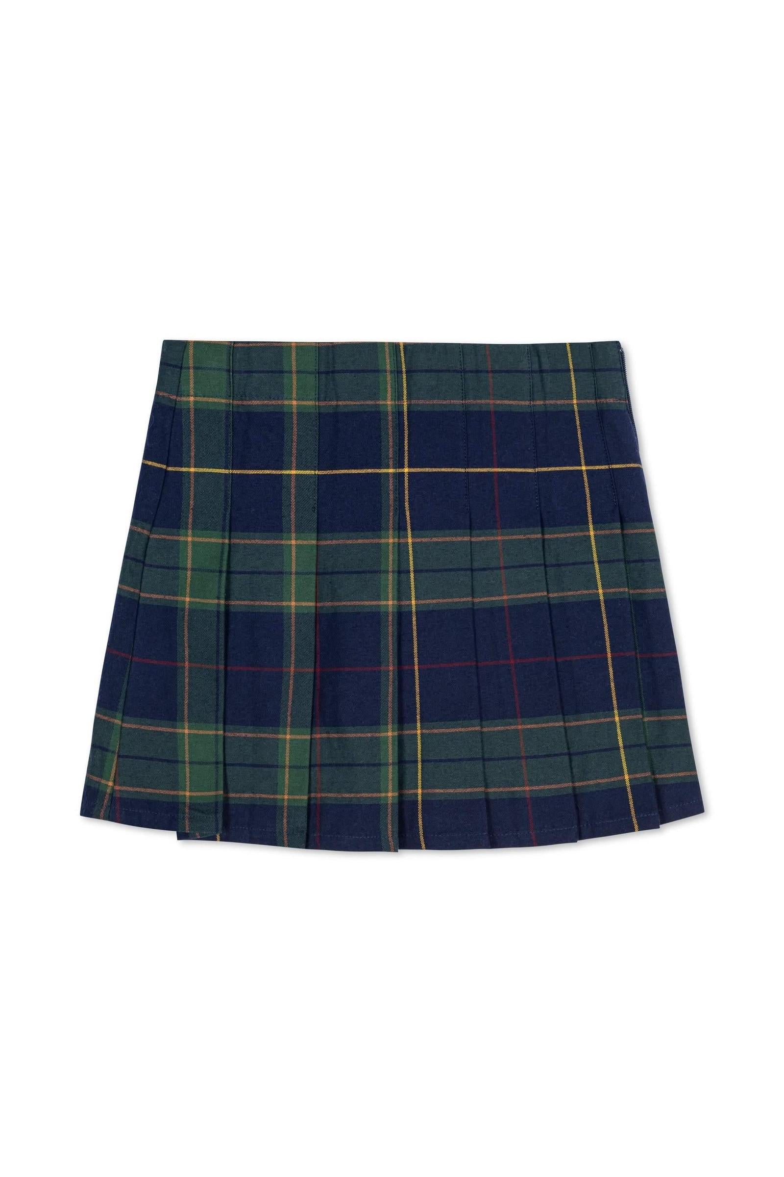 Organic Cotton Pleated Buckle Skirt, Navy Plaid, Toddler & Kids