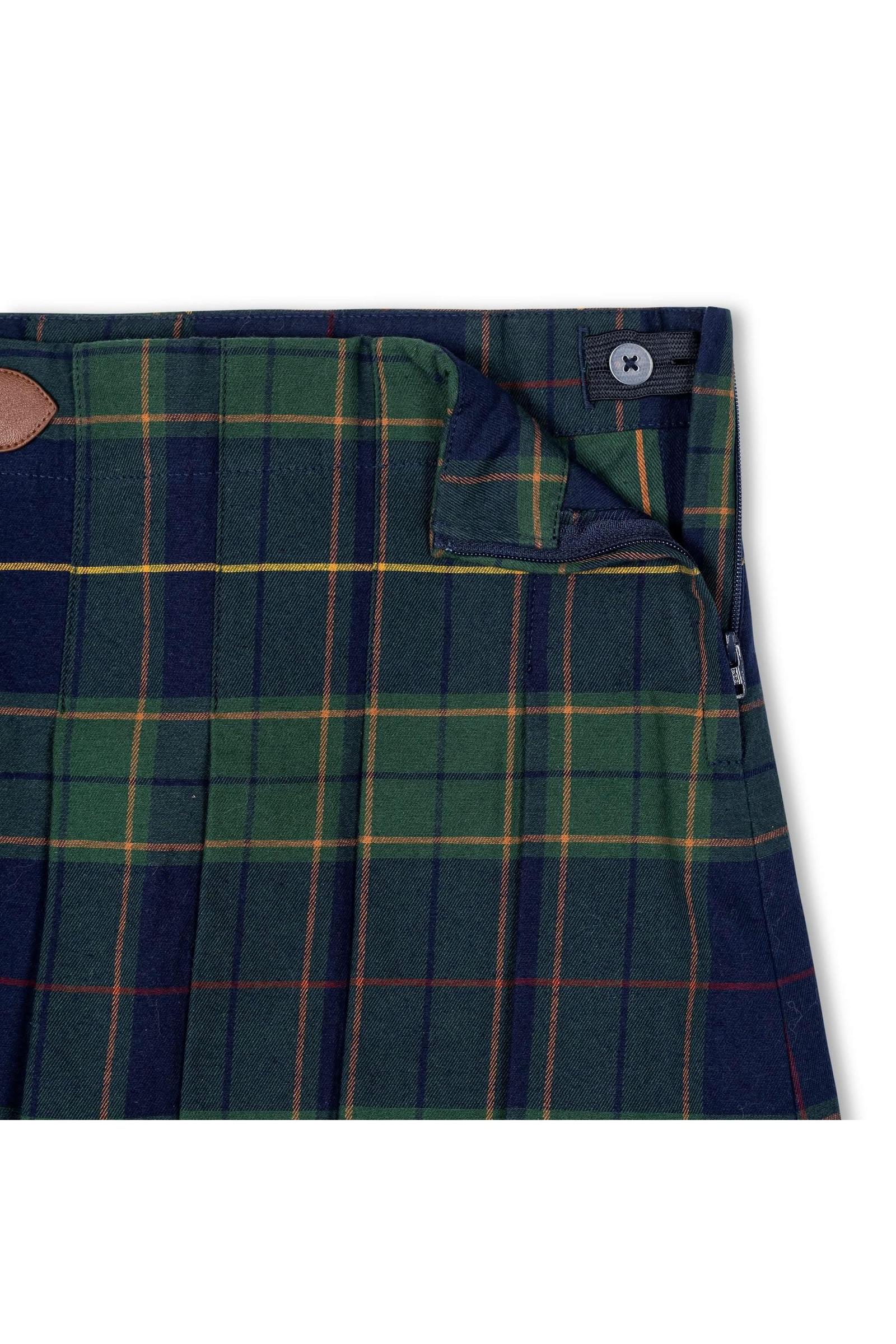 Organic Cotton Pleated Buckle Skirt, Navy Plaid, Toddler & Kids