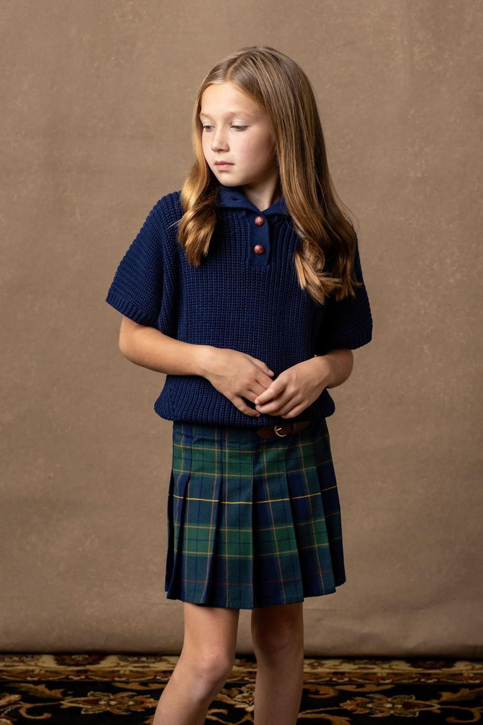 Organic Cotton Pleated Buckle Skirt, Navy Plaid, Toddler & Kids