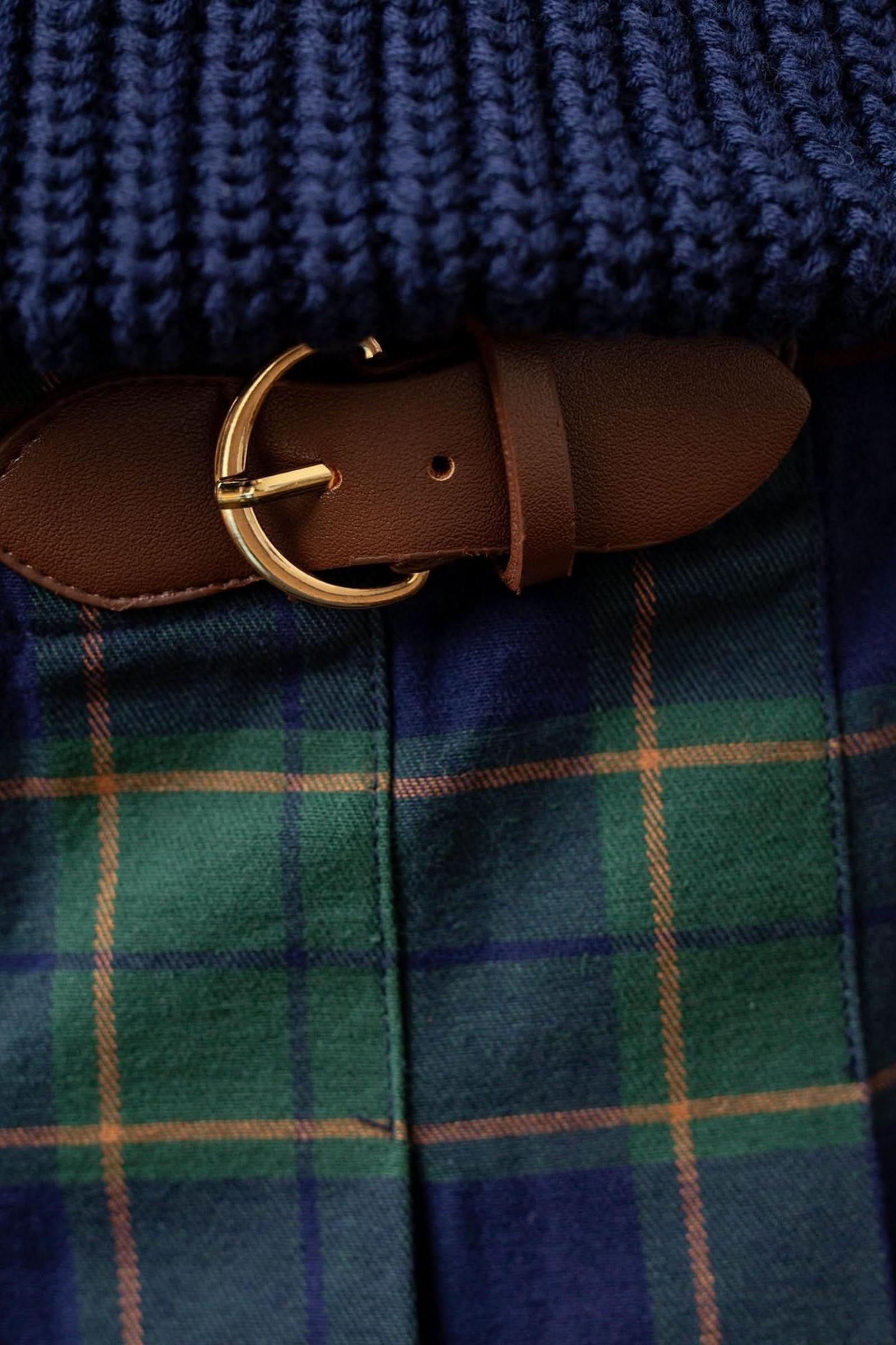 Organic Cotton Pleated Buckle Skirt, Navy Plaid, Toddler & Kids