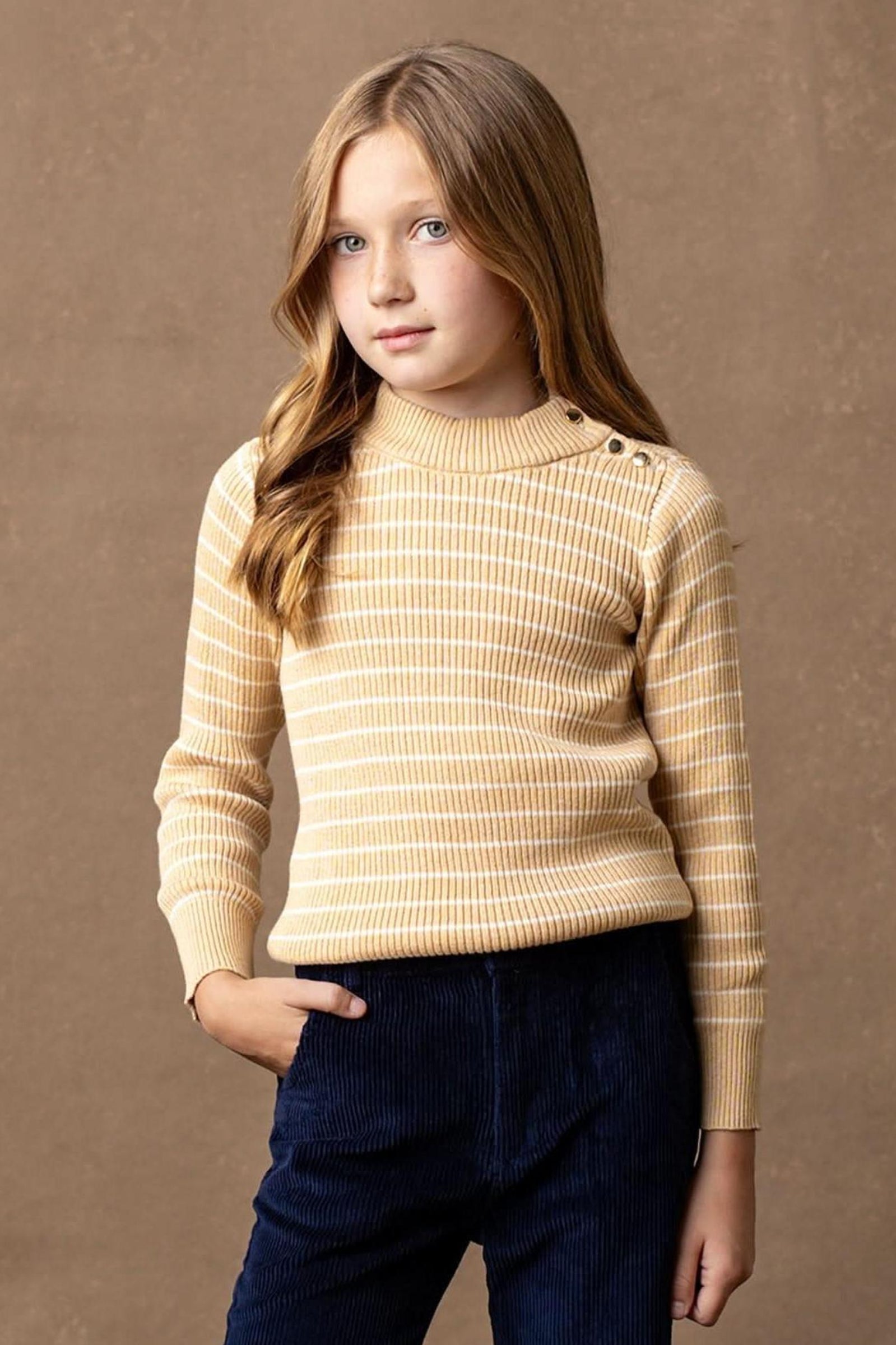 Organic Cotton Mock Neck Sweater For Girls, Oatmeal Heather Stripe, Toddler & Kids