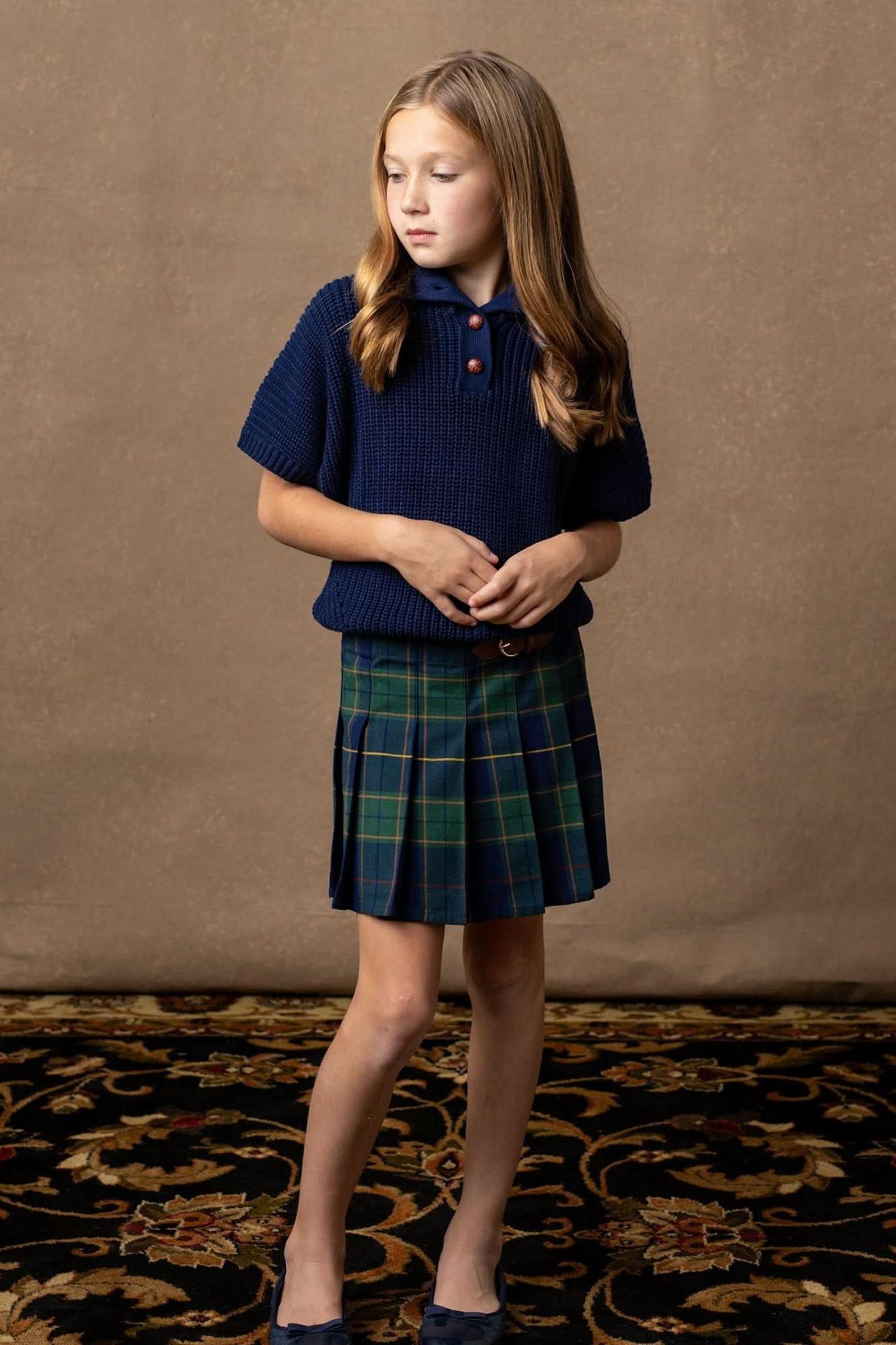 Organic Cotton Spread Collar Sweater for Girls, Navy, 6-12