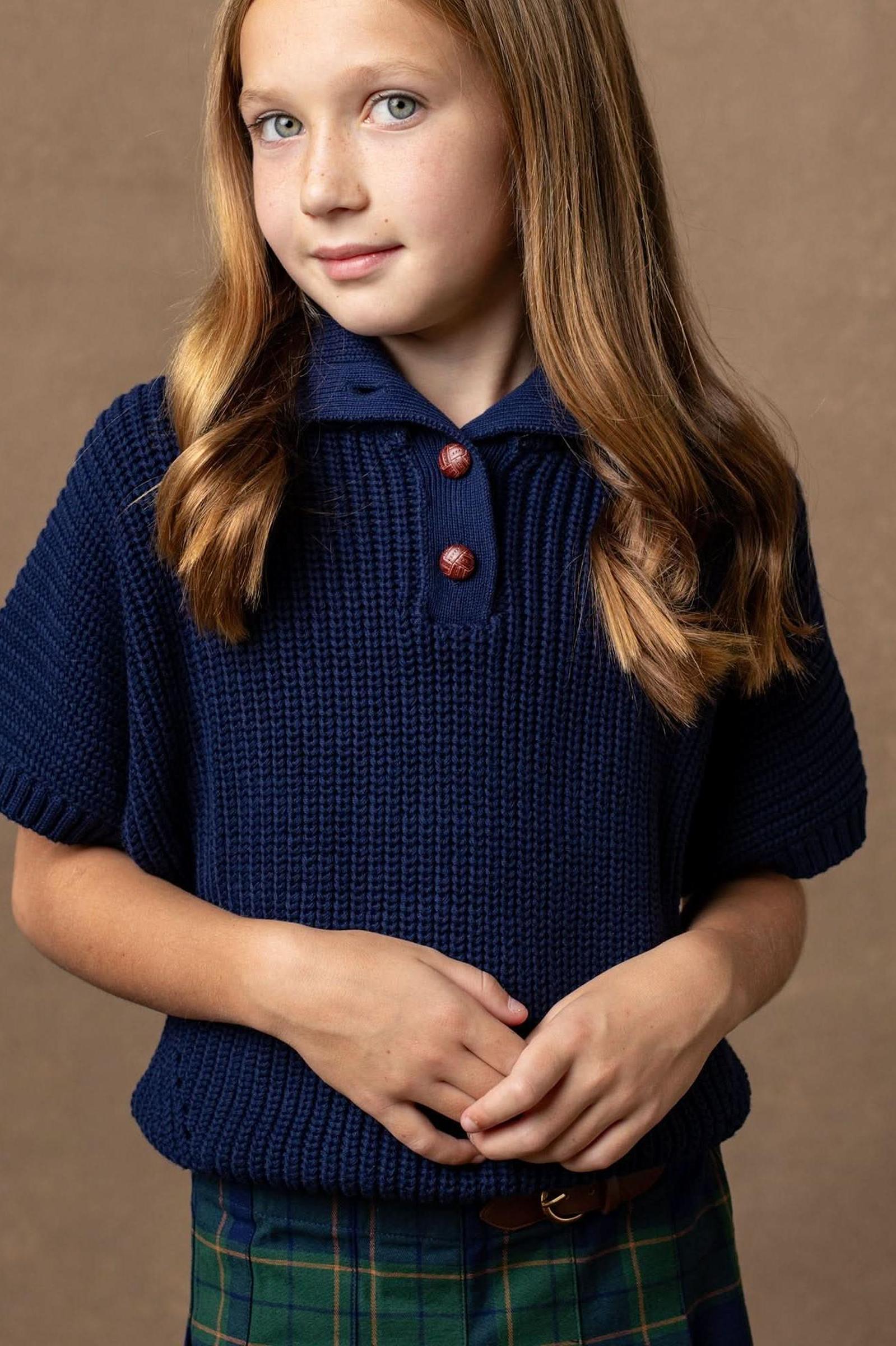 Organic Cotton Spread Collar Sweater for Girls, Navy, 6-12