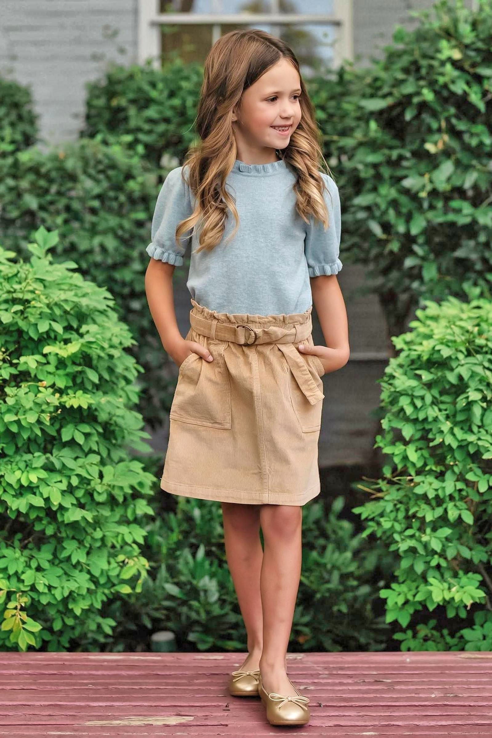 Organic Cotton Corduroy Cinch Waist Skirt For Girls, Khaki, Toddler & Kids