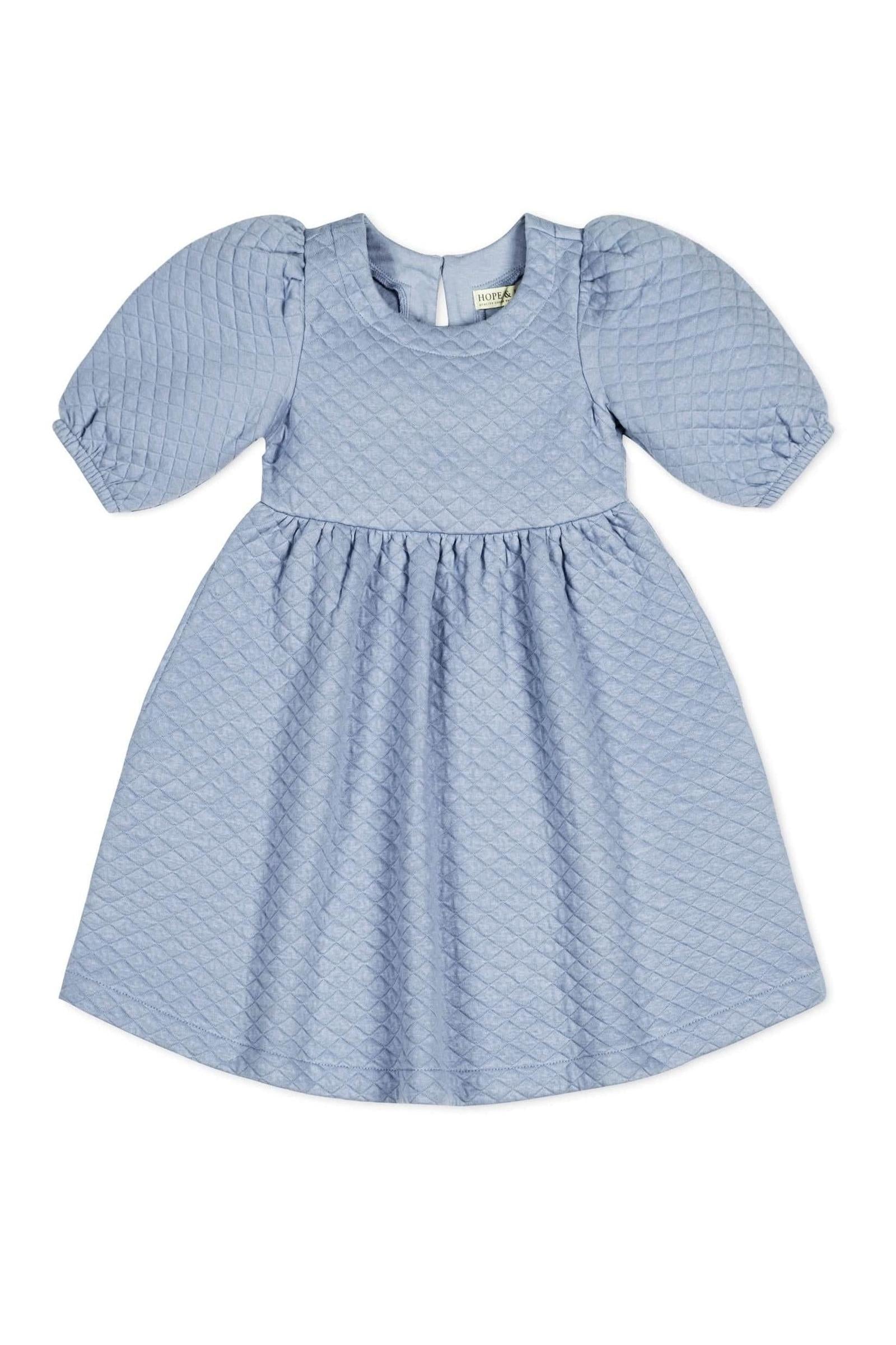 Organic Cotton Quilted Puff Sleeve Dress, Dusty Blue, Toddler & Kids