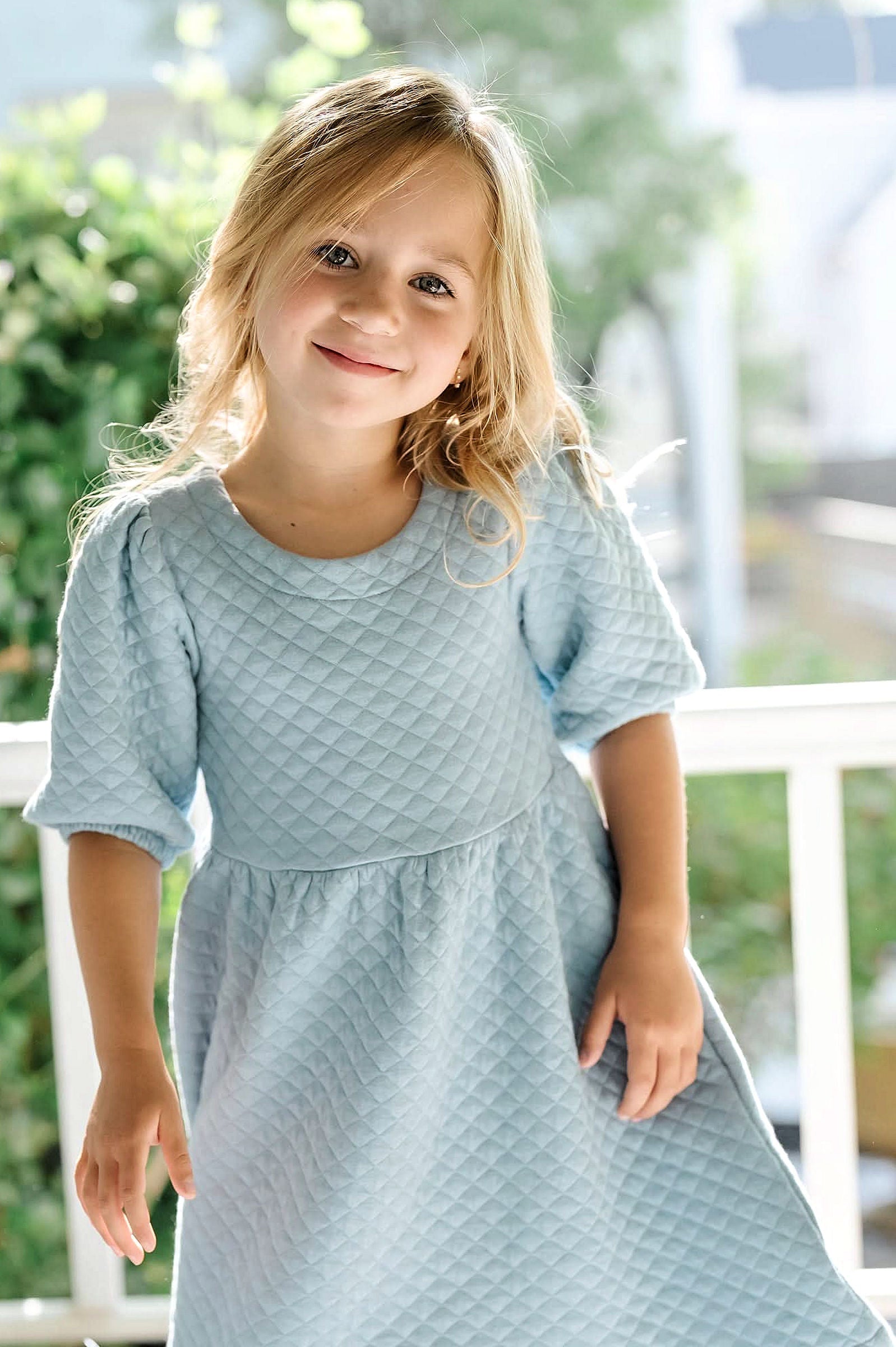 Organic Cotton Quilted Puff Sleeve Dress, Dusty Blue, Toddler & Kids